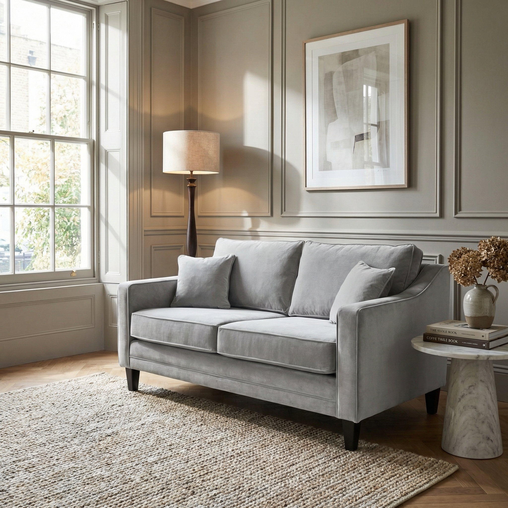 A modern living room featuring the Wiltshire 2 Seat Velvet Sofa in Feather Grey, a floor lamp, abstract art, and a window letting in natural light.