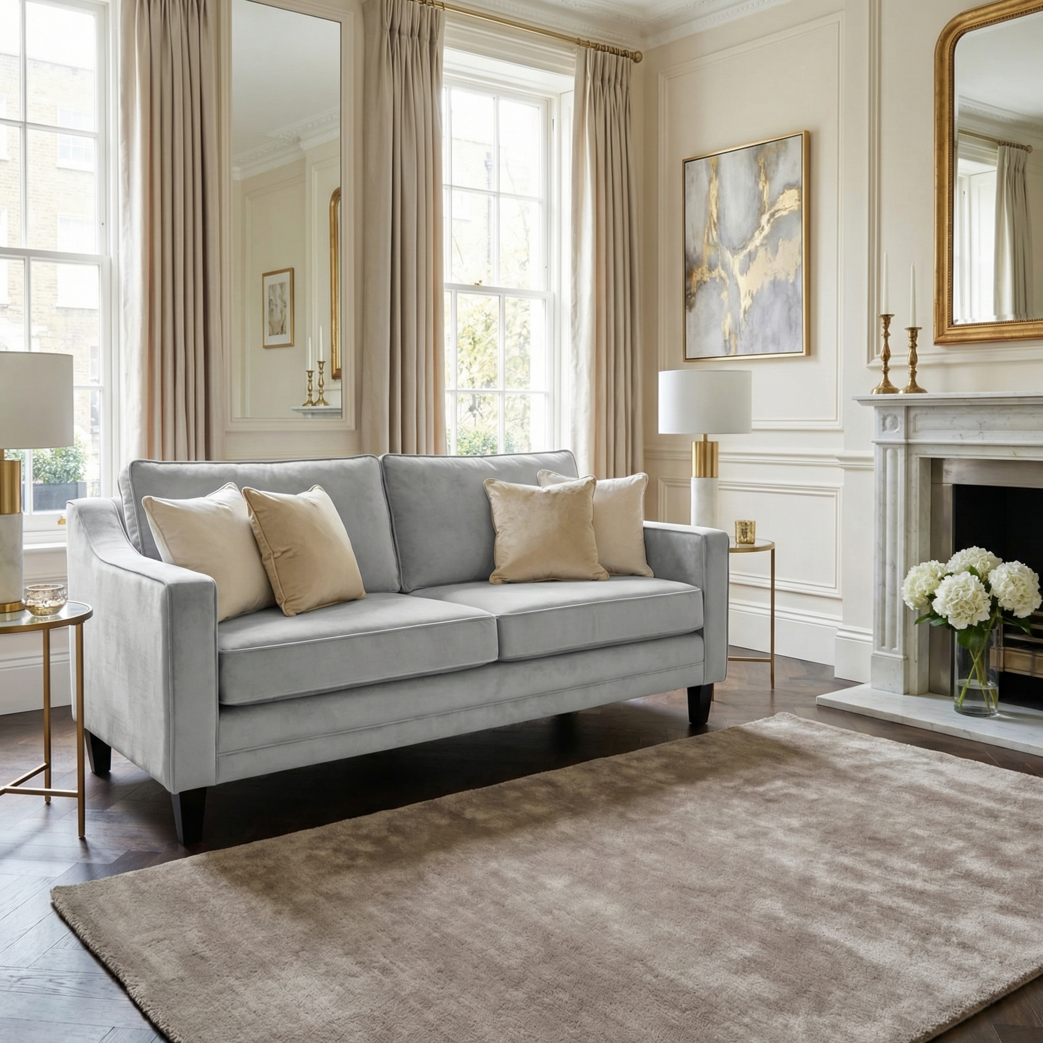 Elegant living room featuring the Wiltshire 2 Seat Velvet Sofa in Feather Grey, a beige rug, large windows, and gold-accented decor.