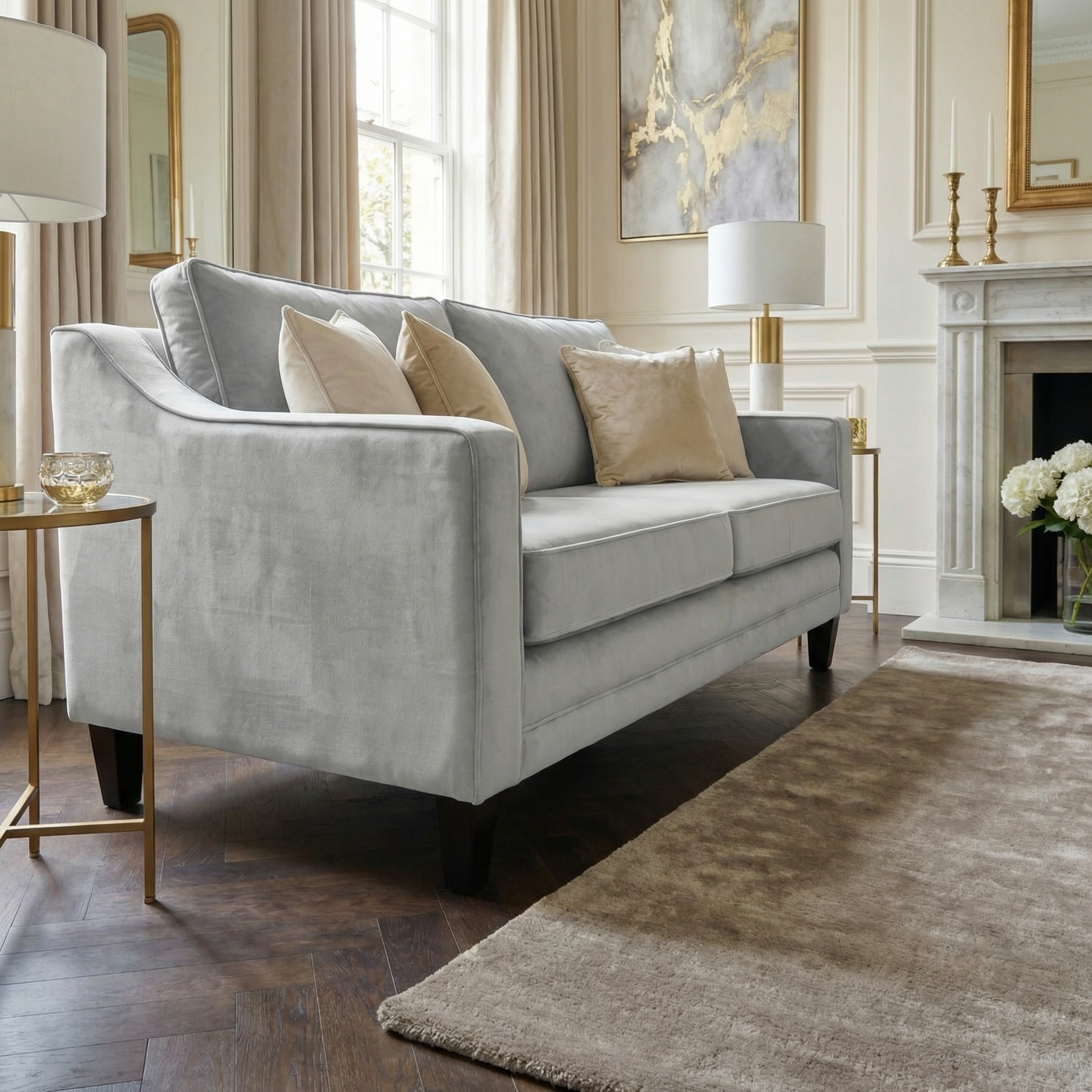 Elegant living room featuring the Wiltshire 2 Seat Velvet Sofa in Feather Grey, beige pillows, gold accents, and a stylish fireplace.
