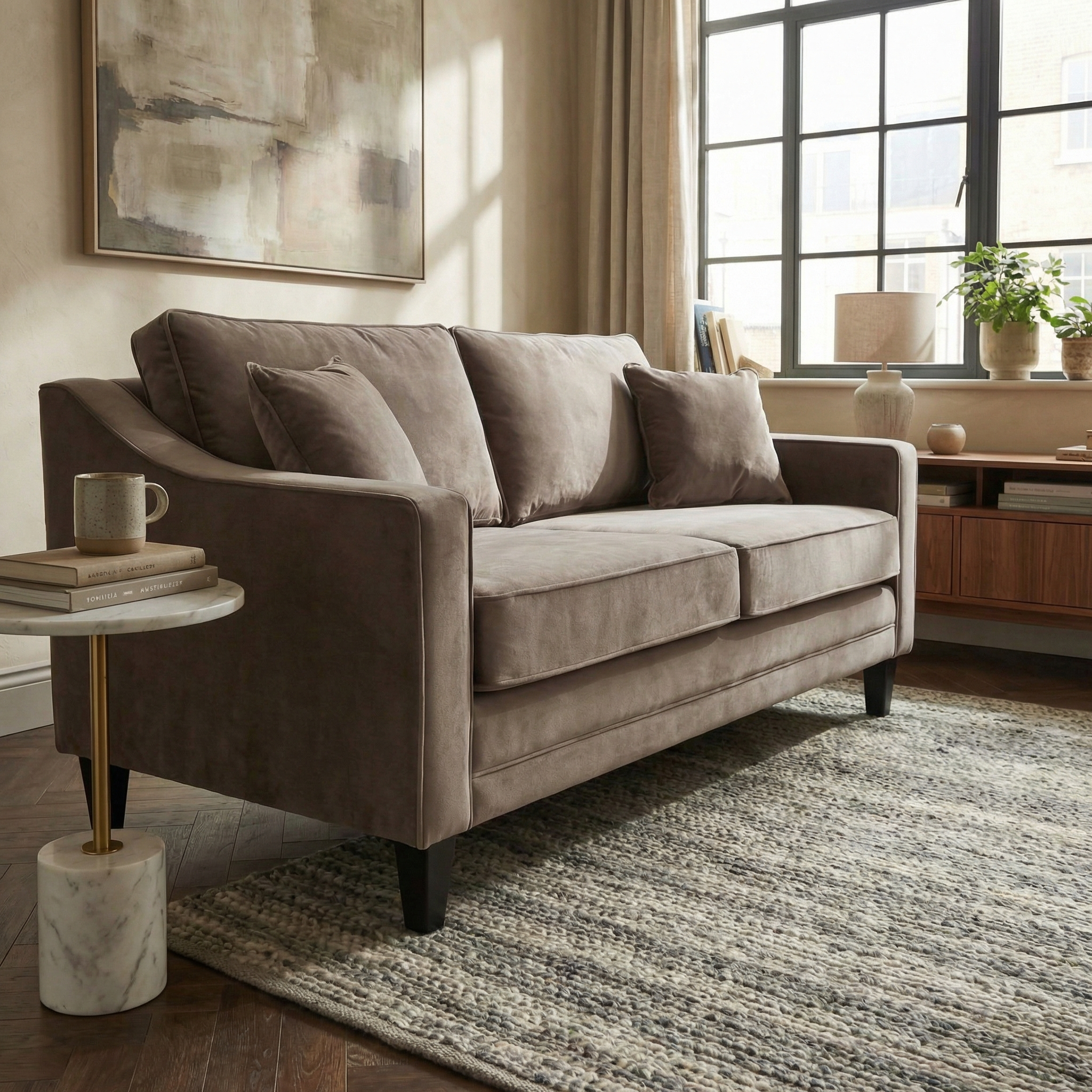 The Wiltshire 2 Seat Velvet Sofa in Mink, handcrafted in England, features plush cushions and sits on a textured rug in a sunlit, cozy living room.
