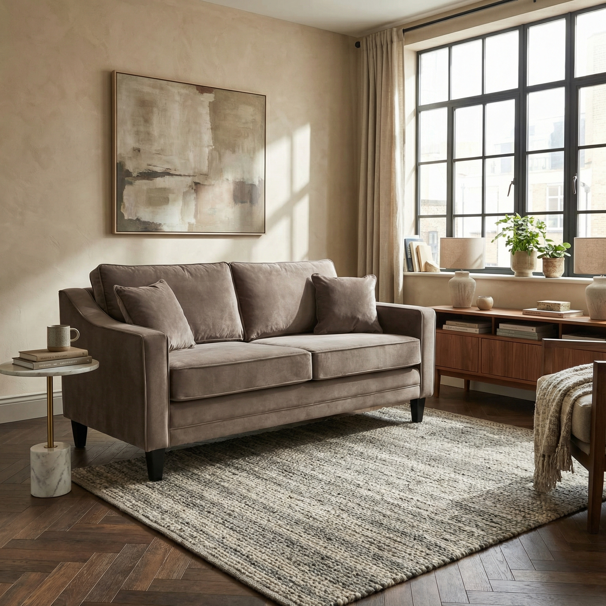 A cozy living room featuring the Wiltshire 2 Seat Velvet Sofa in Mink, a rug, abstract art, plants, and large windows that fill the space with natural light.