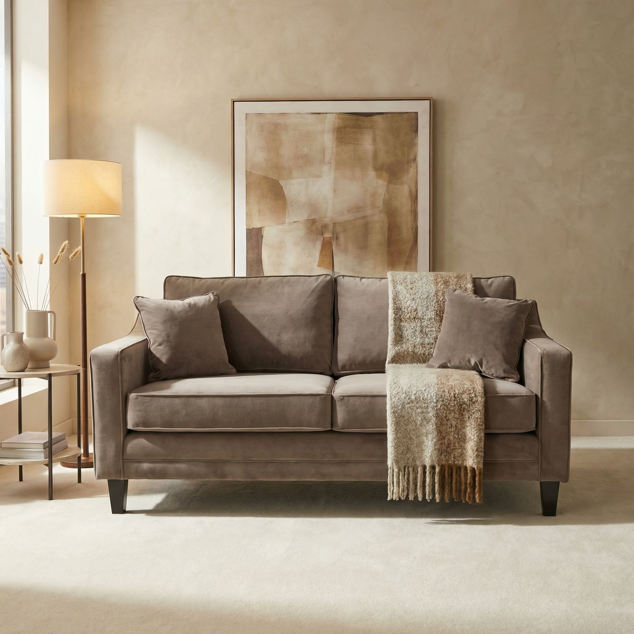 A modern living room with the Wiltshire 2 Seat Velvet Sofa in Mink, a cozy throw blanket, an FSC-certified wood side table, a stylish lamp, and abstract wall art.