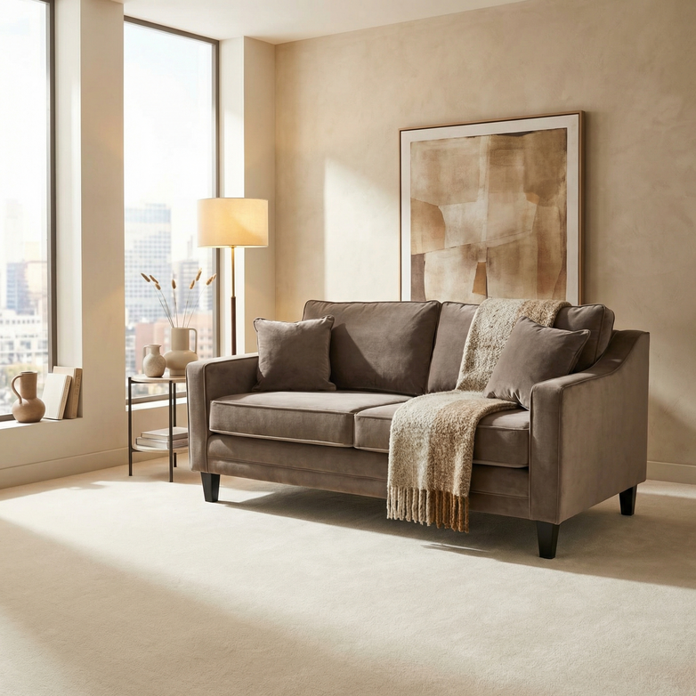 A modern living room featuring the Wiltshire 2 Seat Velvet Sofa in Mink, a cozy throw blanket, a stylish lamp, abstract art, and large windows overlooking city views.