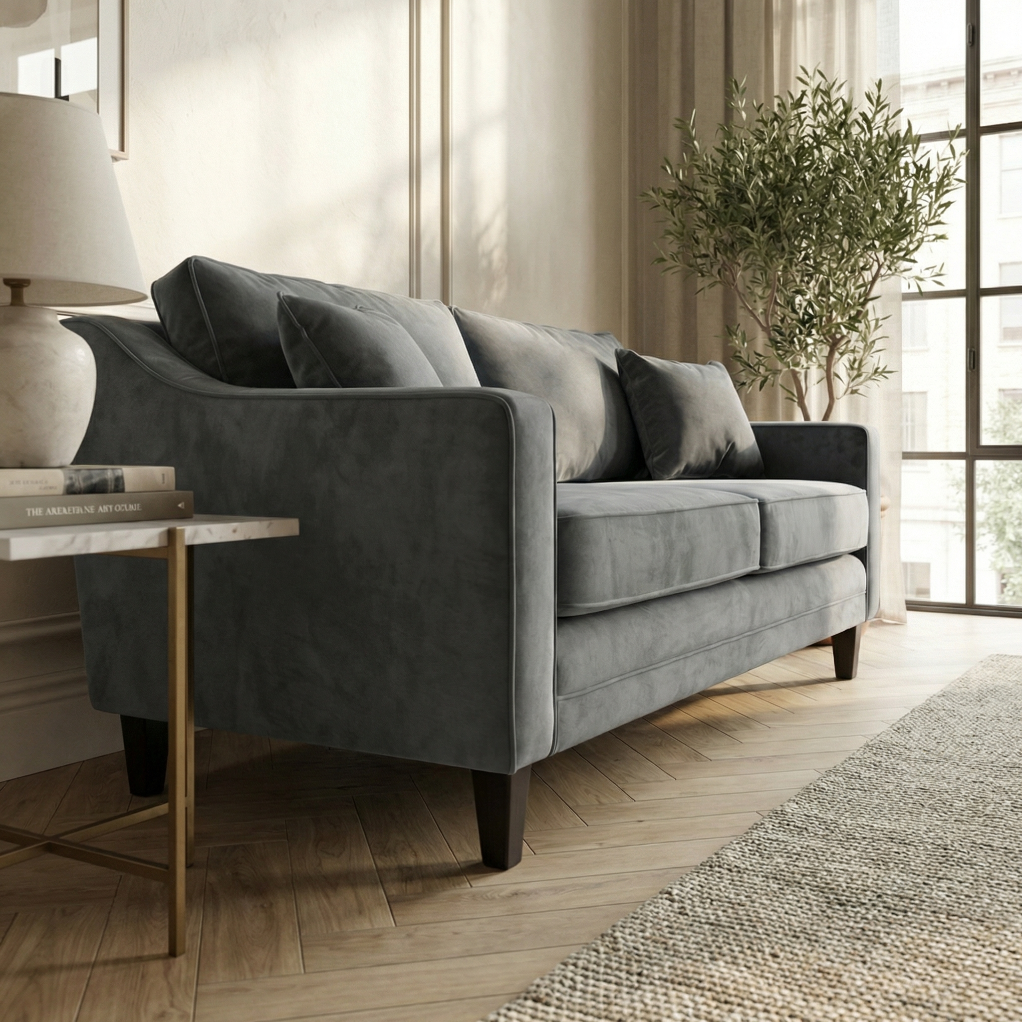 The Wiltshire 2 Seat Velvet Sofa in Steel Grey sits in a bright living room with a lamp, marble table, plant, and large window.