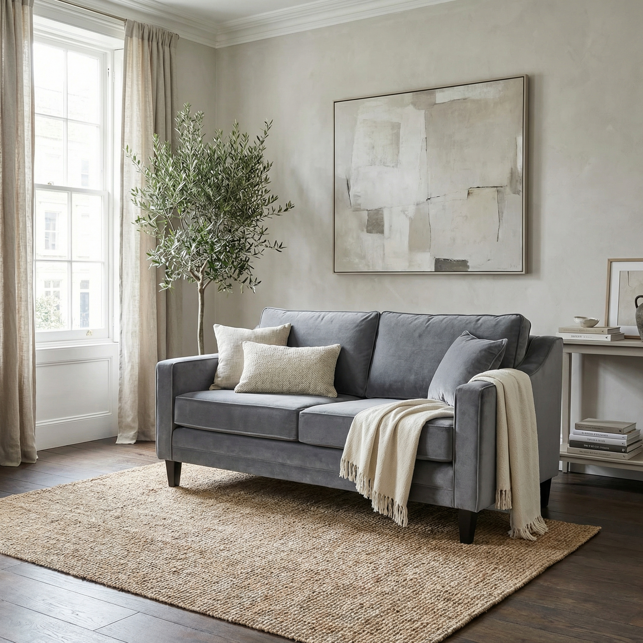 A modern living room featuring the Wiltshire 2 Seat Velvet Sofa in Steel Grey, neutral pillows, a cozy throw, a large abstract painting, and a woven rug.