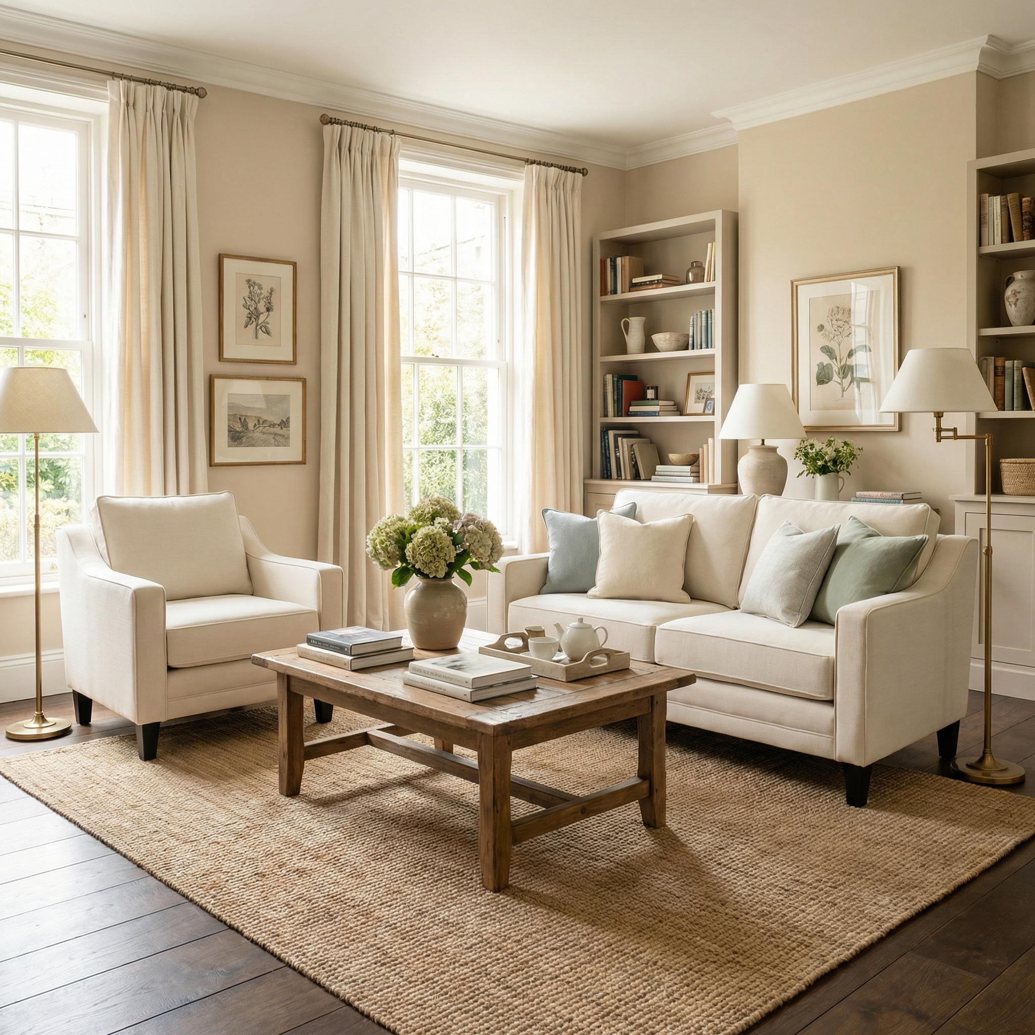 Bright living room with cream sofas, a Wiltshire Armchair in Ivory handmade in England, light wood table, bookshelves, and large windows with beige curtains.