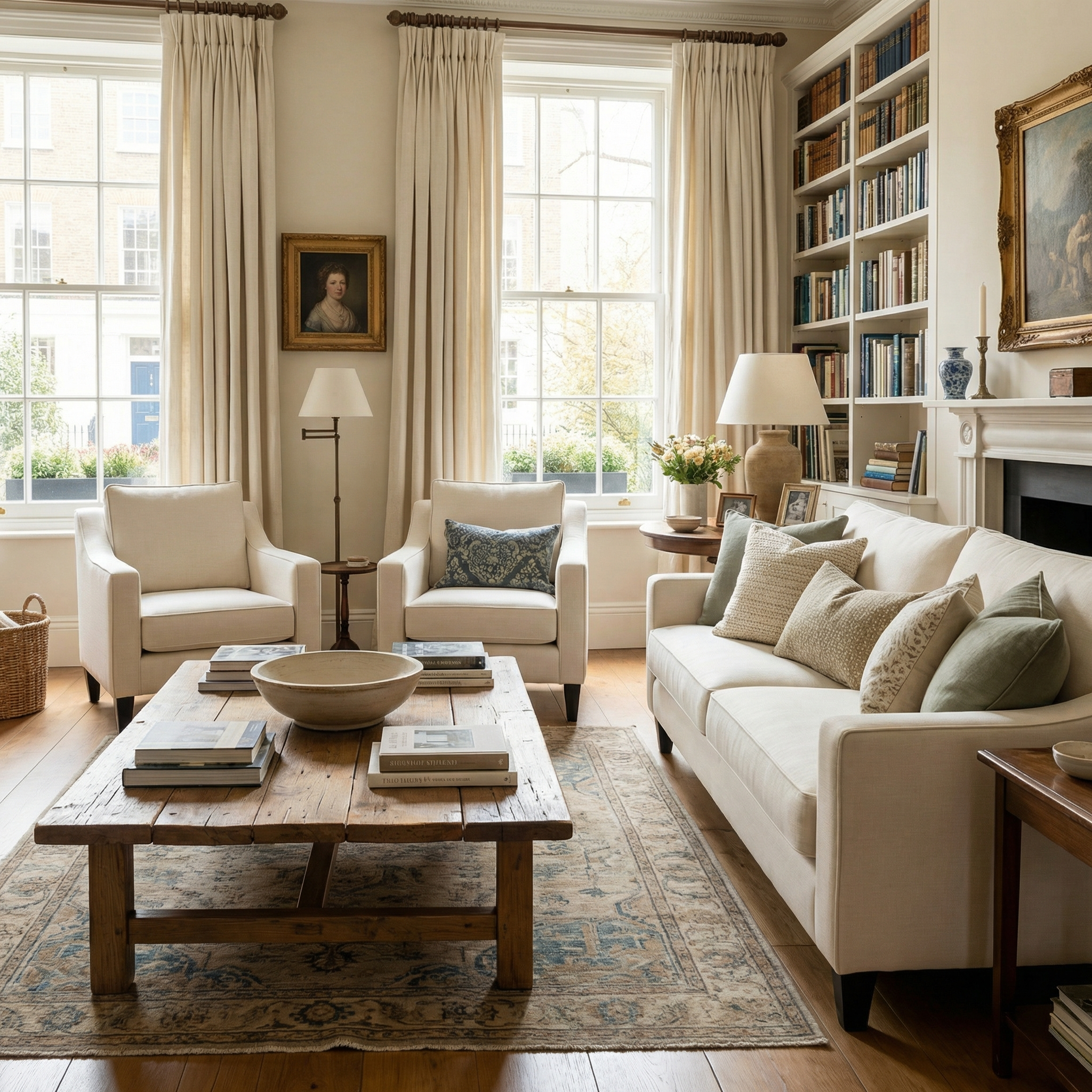 Bright, elegant living room with cream sofas, a Wiltshire Armchair in Ivory handmade in England, wooden coffee table, bookshelves, and large windows with drapes.