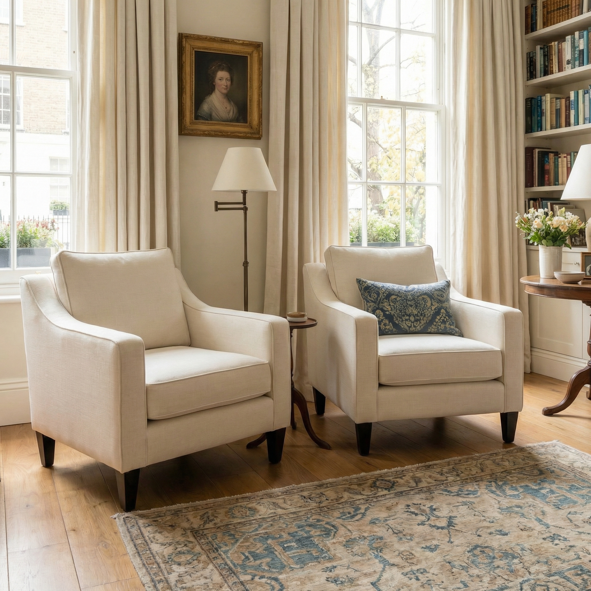 Two Wiltshire Armchairs in Ivory bring an inviting touch of luxury to a cozy living room featuring tall windows, bookshelves, and a blue patterned rug.
