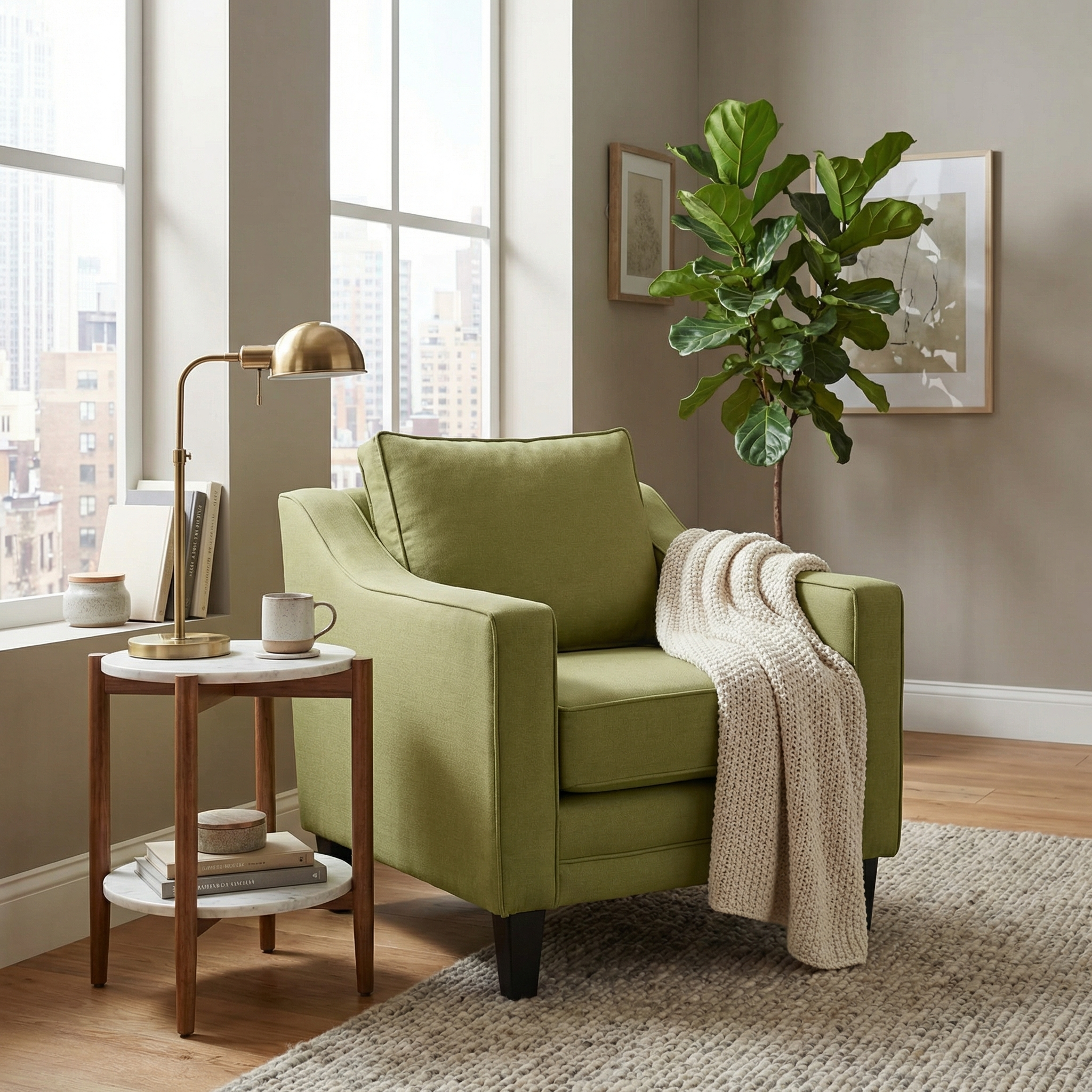 Wiltshire Armchair in Olive crafted from FSC-certified wood, paired with a knit blanket, side table and lamp, lush plant, and city view through large windows.