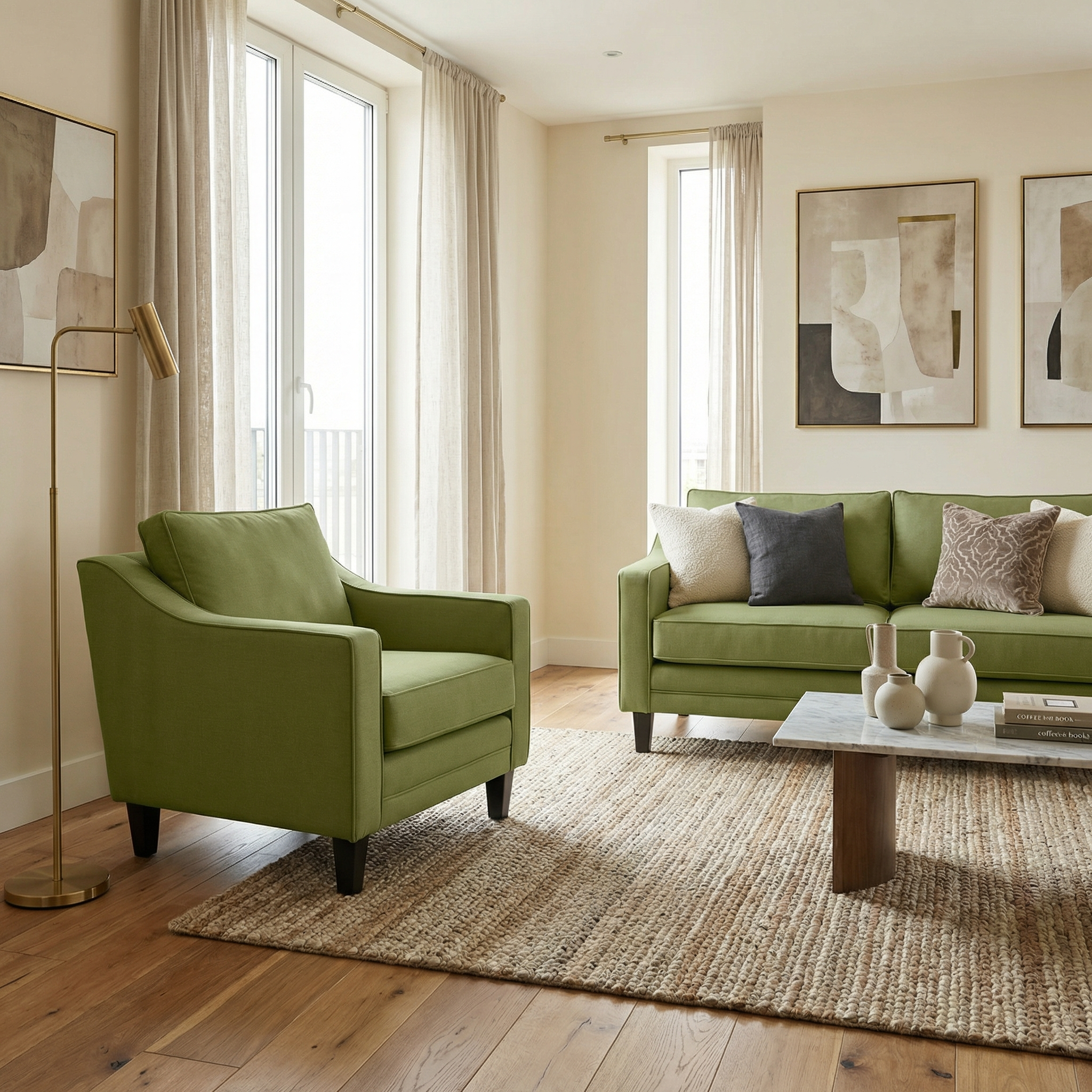 Modern living room featuring the Wiltshire Armchair in Olive, handcrafted from FSC-certified wood, paired with a cozy sofa, abstract art, neutral curtains, and a woven rug atop a wood floor.