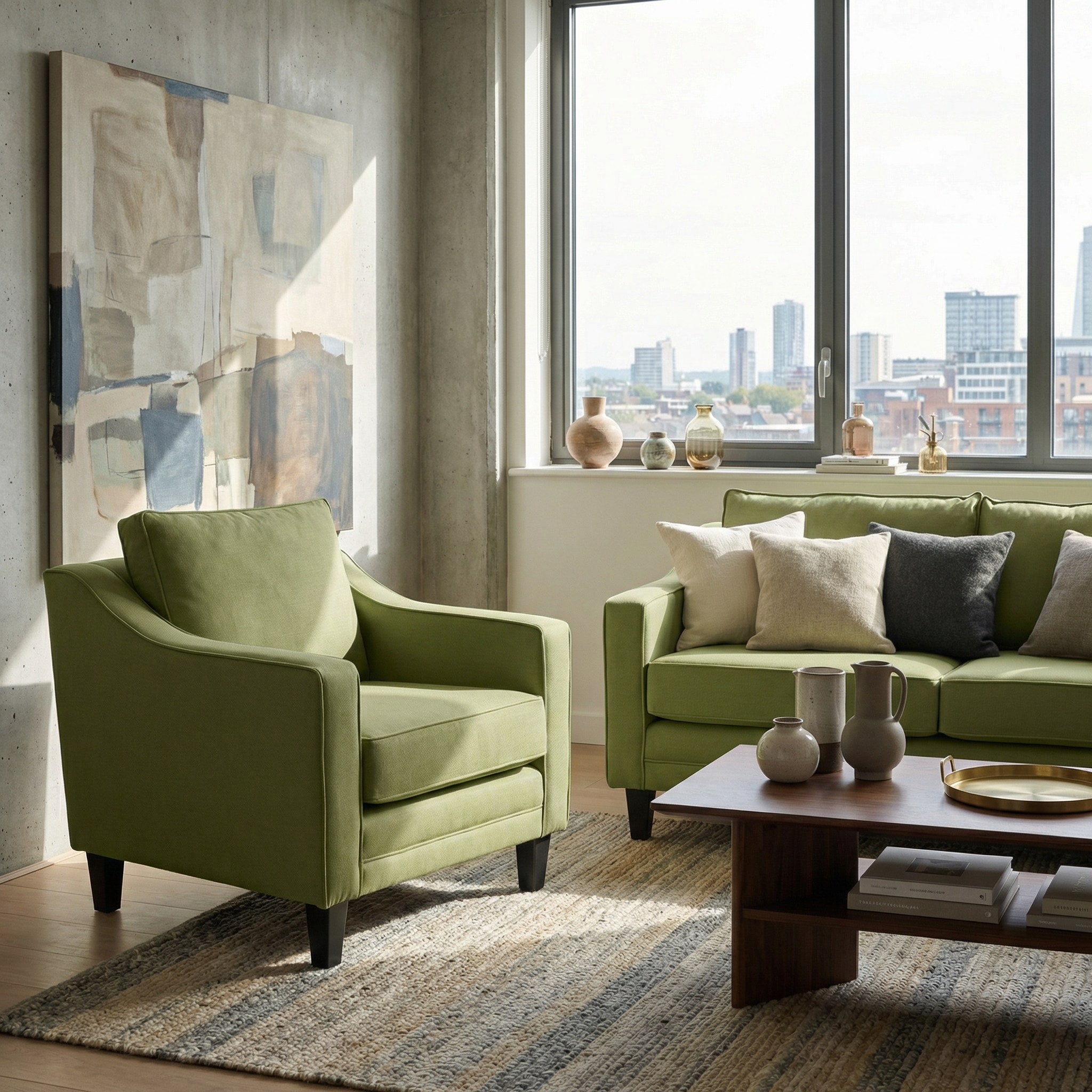 Modern living room with Wiltshire Armchair in Olive, sofa, neutral cushions, large window, abstract wall art, and FSC-certified wood accents.