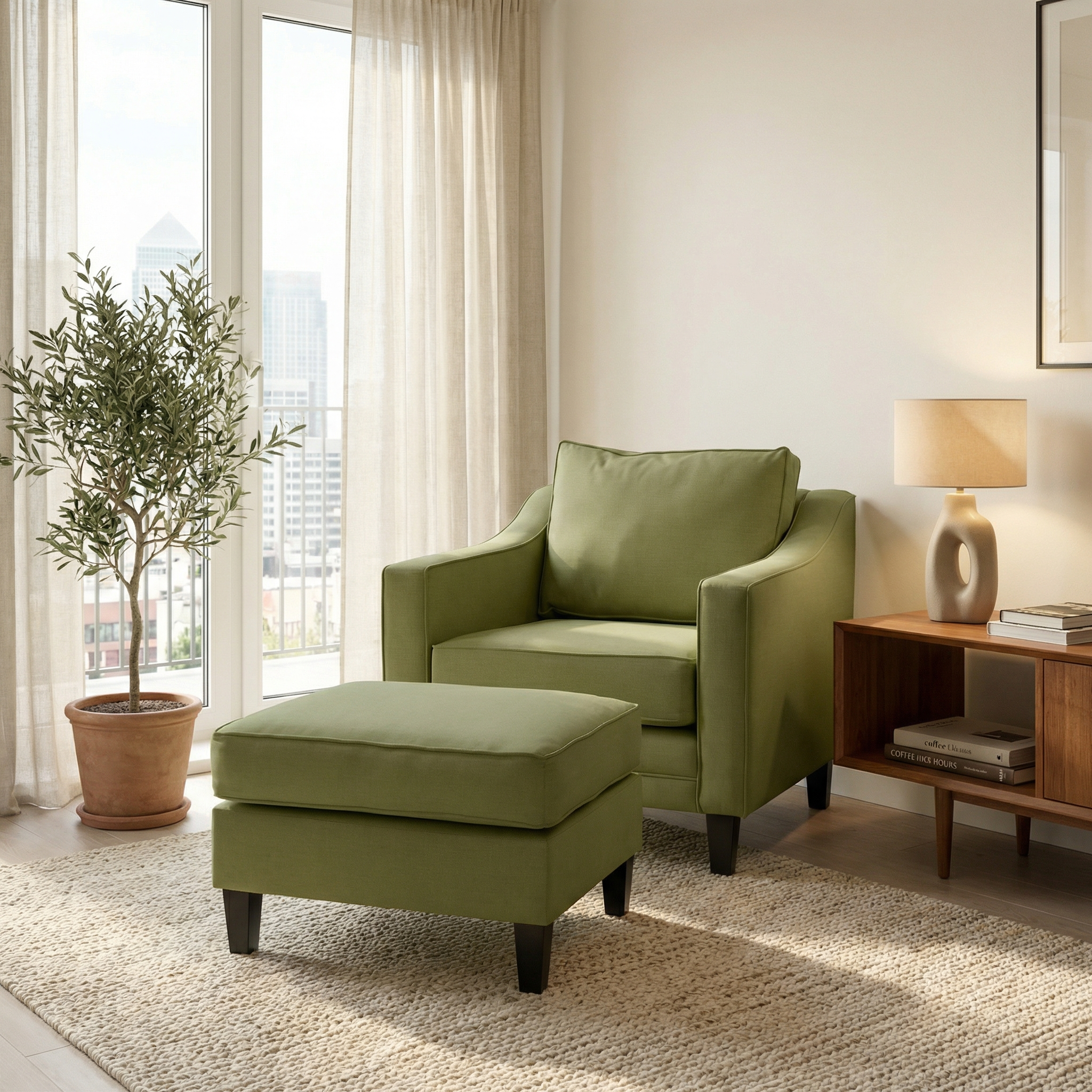 The Wiltshire Armchair in Olive, handmade from FSC-certified wood, sits beside a potted plant and wooden side table in a sunlit living room.