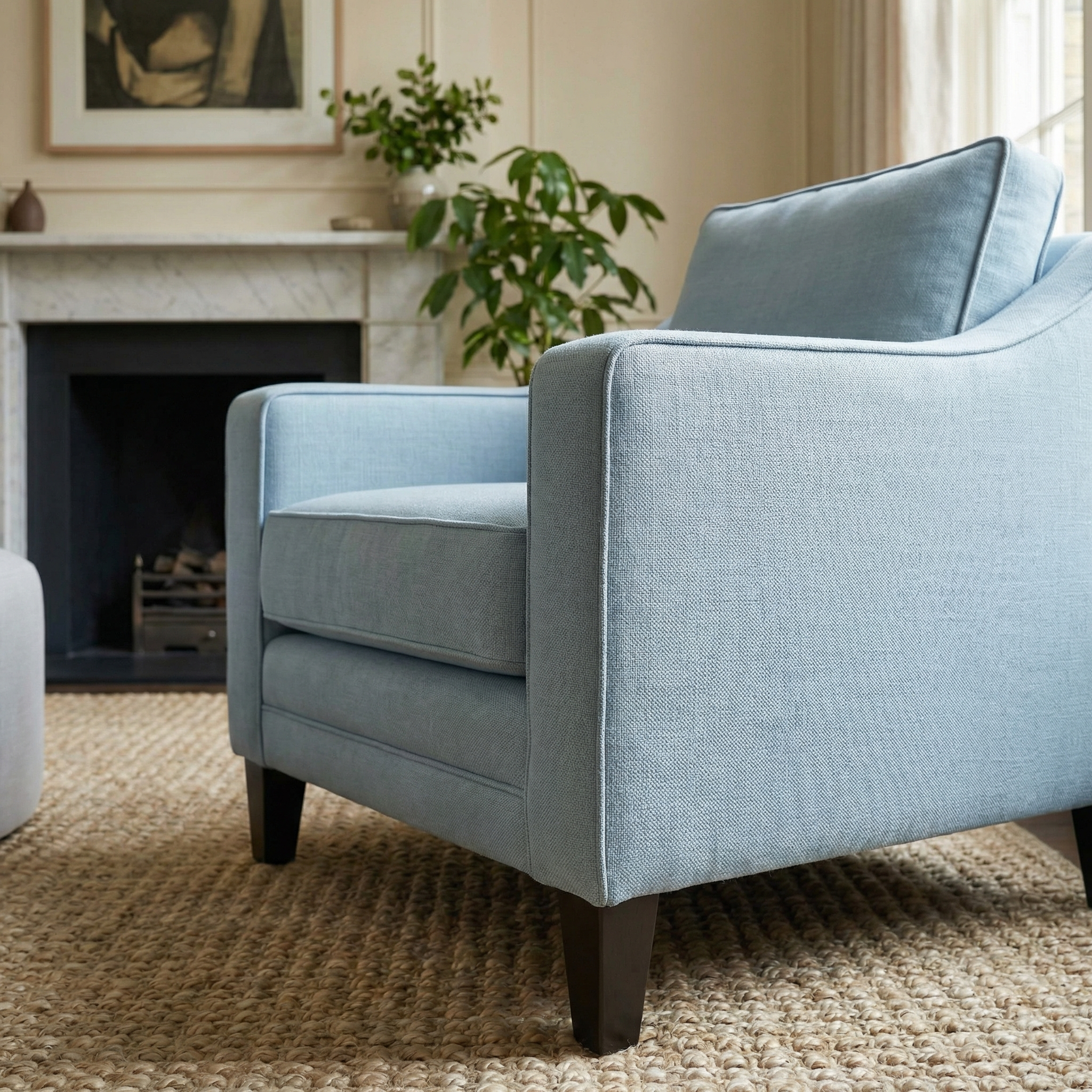 The Wiltshire Armchair in Sky Blue, handmade in England, rests on a woven rug in a cozy living room featuring a fireplace and a potted plant.