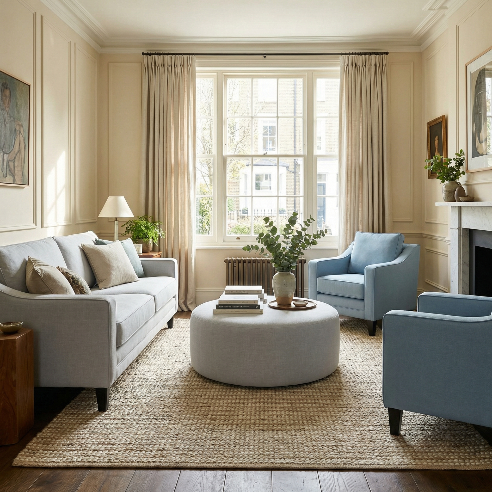 A bright living room featuring the Wiltshire Armchair in Sky Blue, a grey sofa, round ottoman, and a large window with beige curtains—handcrafted elegance made in England.