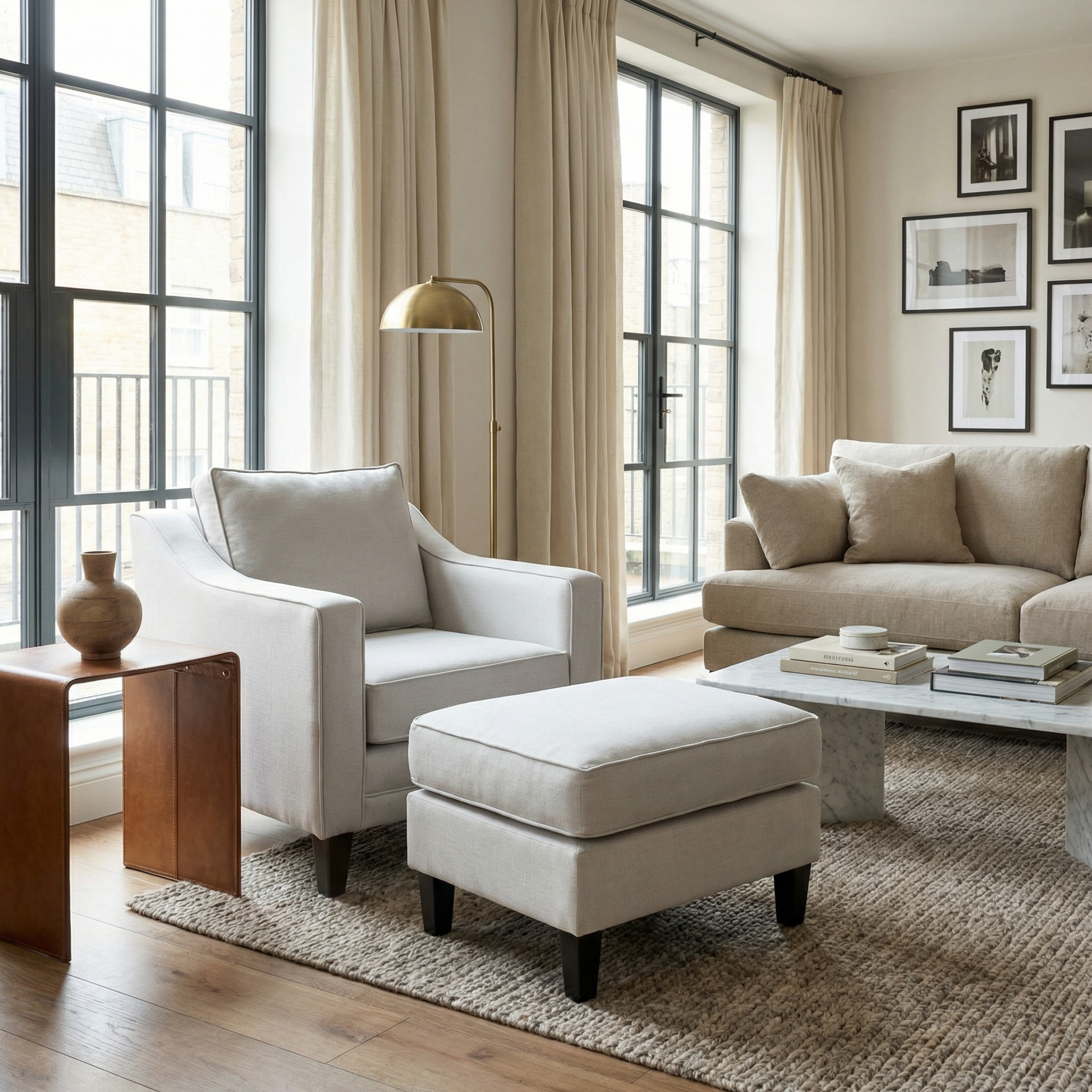 Modern living room with a beige sofa, Wiltshire Armchair in Warm Grey featuring bounce-back cushions, ottoman, large windows, and framed wall art.