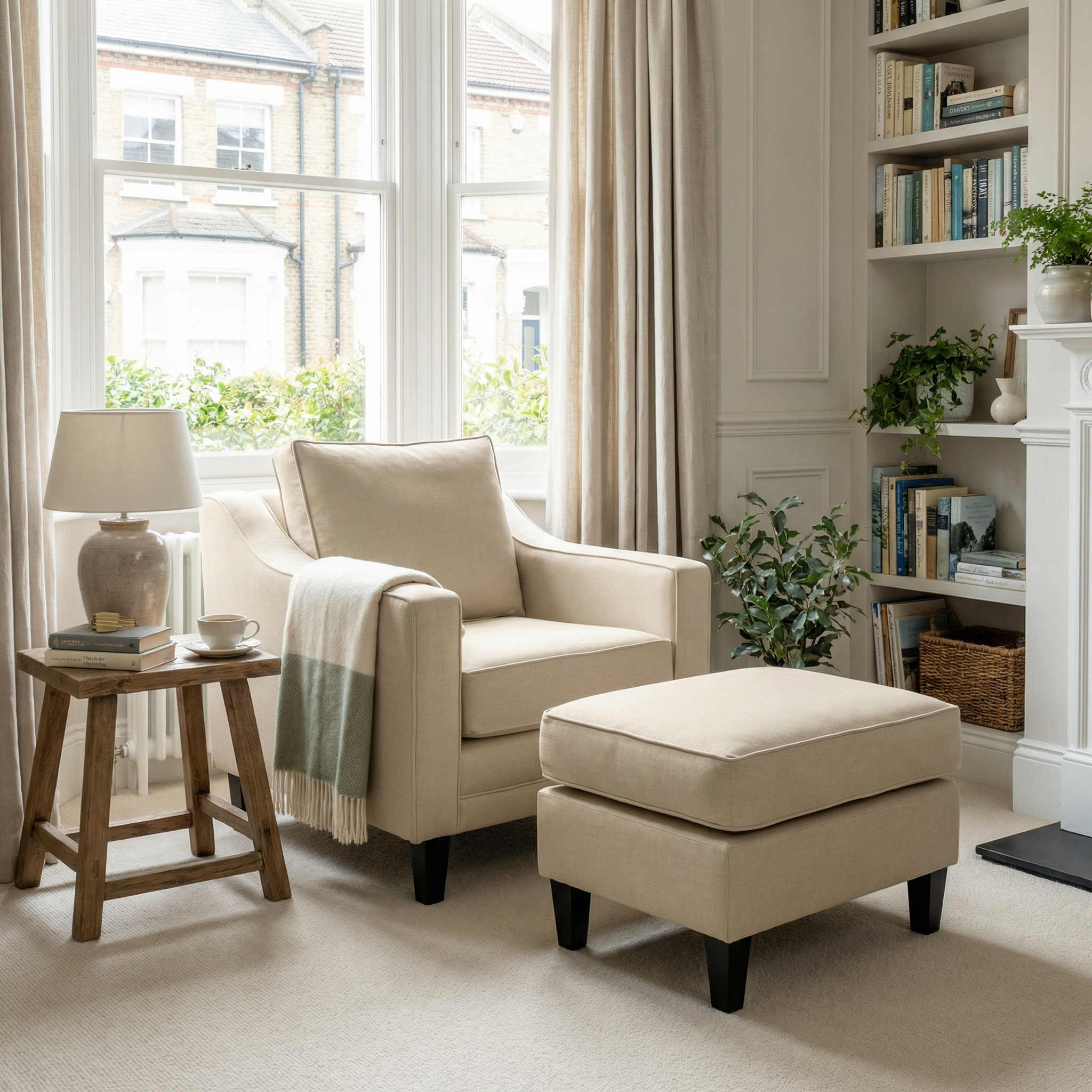 A cozy beige armchair with the Wiltshire Footstool in Beige beside a wooden side table, set in a bright, airy living room.