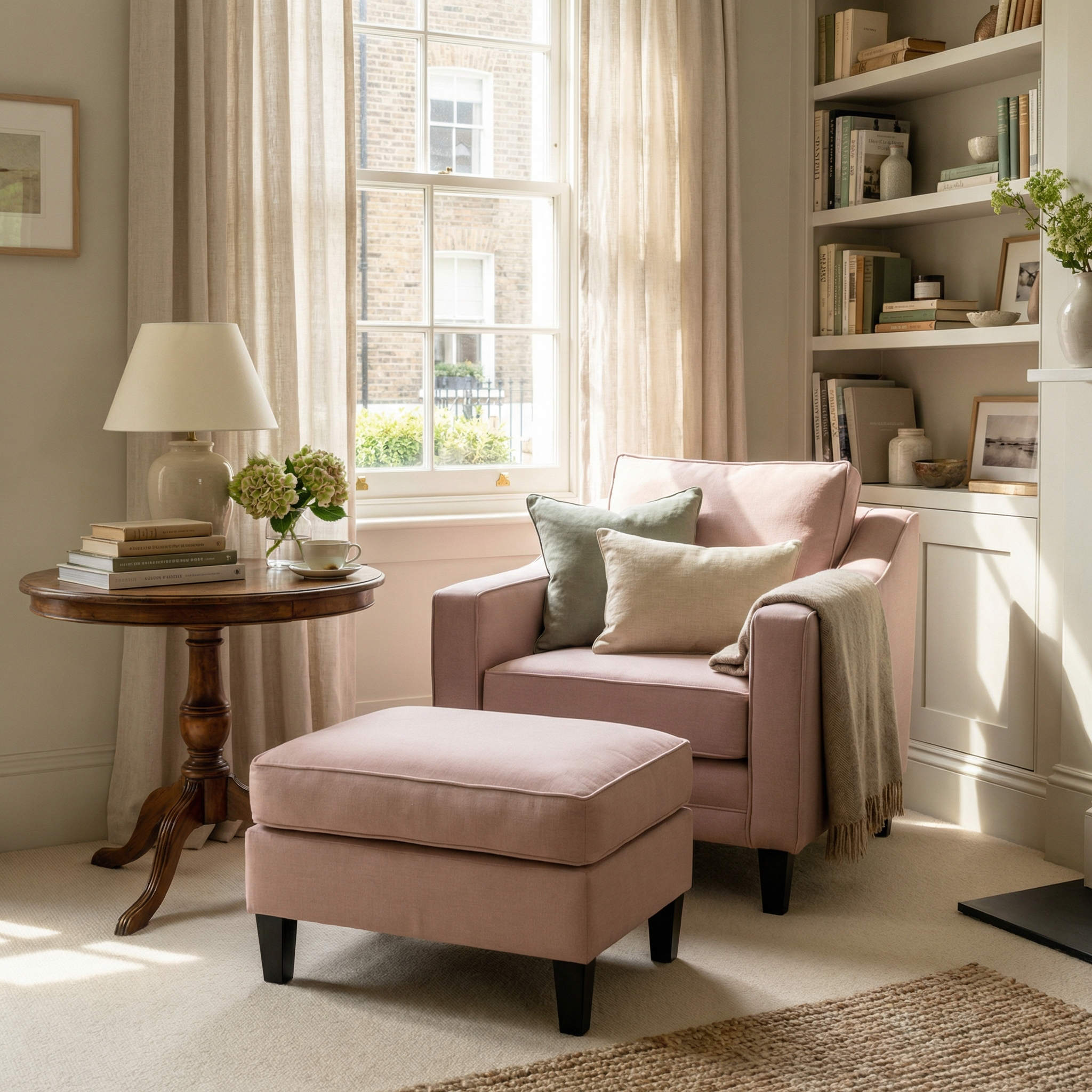 A cozy reading nook with a pink armchair, Wiltshire Footstool in Dusky Pink, ottoman, side table, bookshelves, and a sunny window.