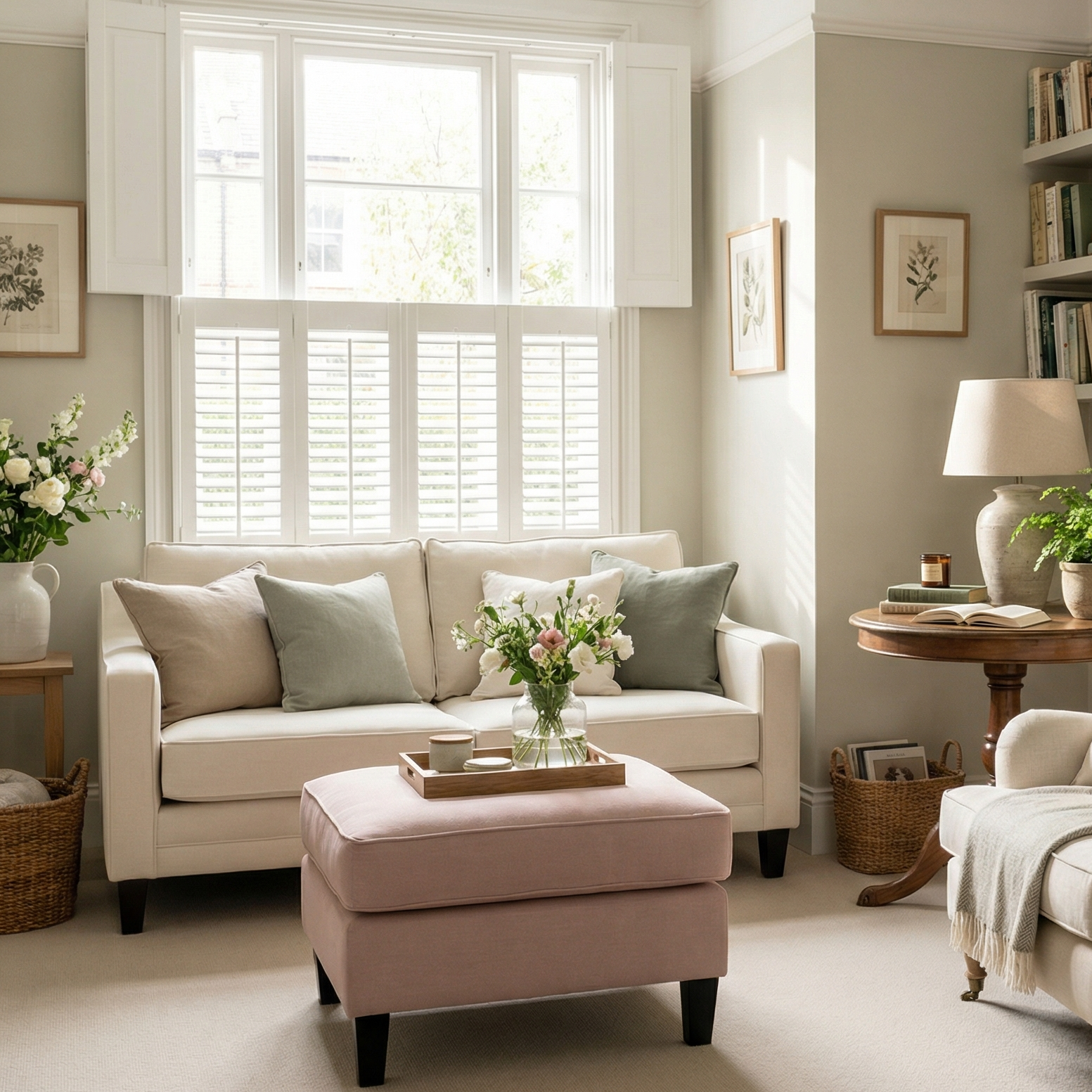 Bright living room with a white sofa, pastel cushions, flowers by a large window, and the Wiltshire Footstool in Dusky Pink.