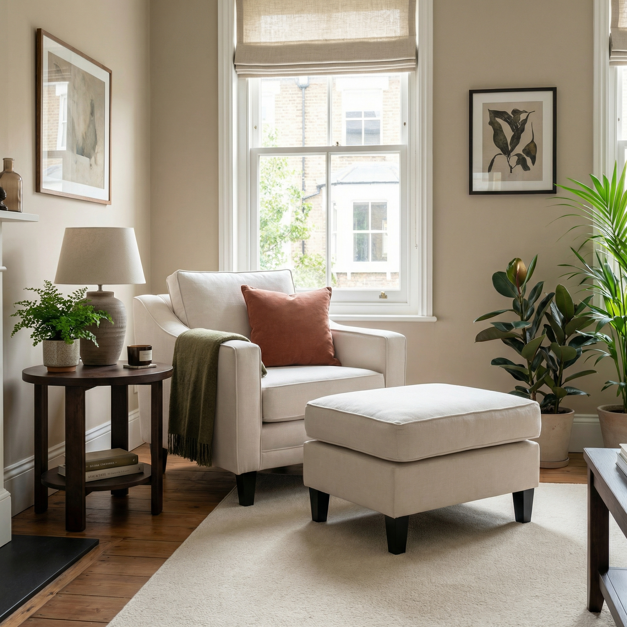 A cozy living room with a beige armchair, Wiltshire Footstool in Ivory, plants, and framed art, illuminated by natural light streaming through the windows.