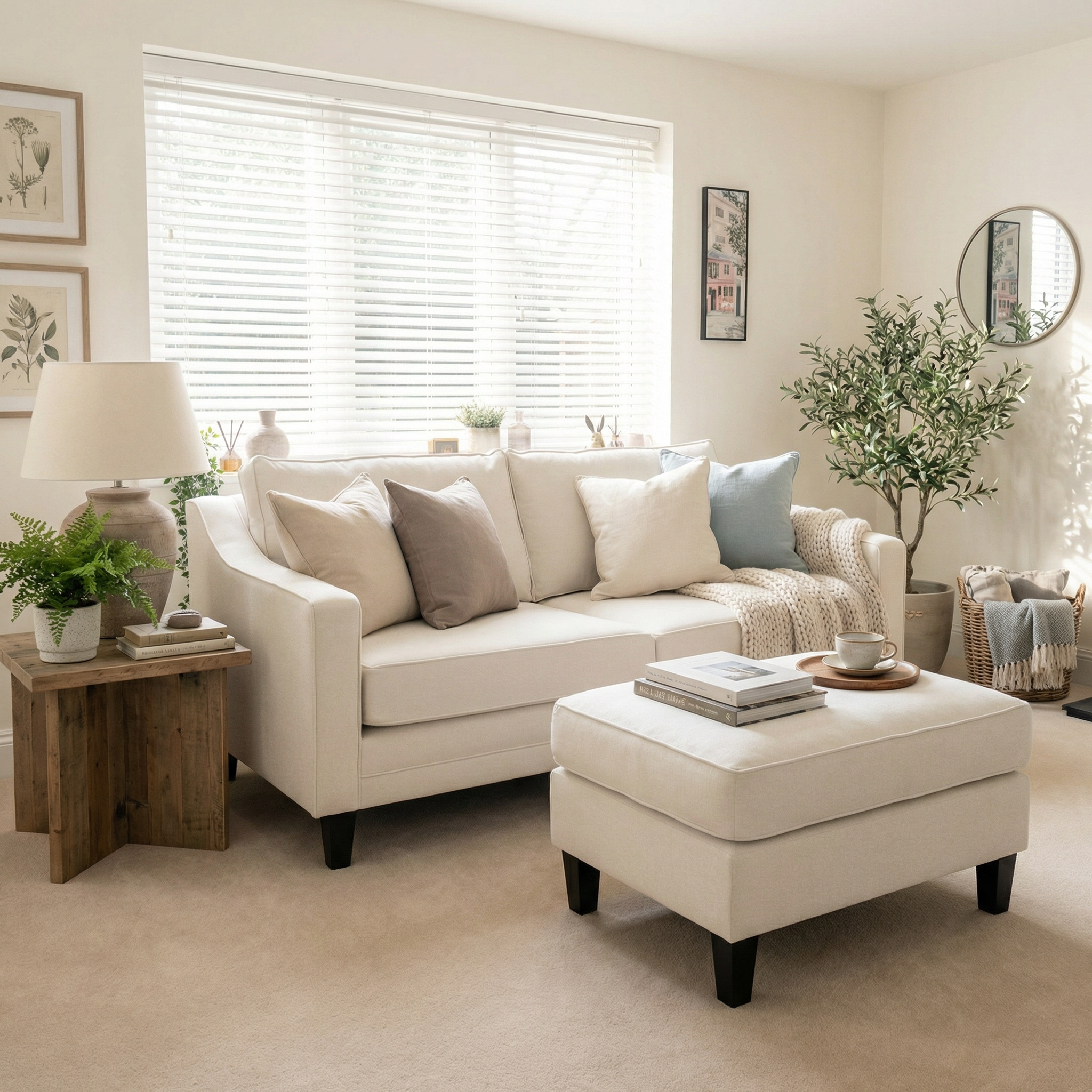Bright living room with a white sofa, plants, neutral decor, and large windows with blinds, completed by the Wiltshire Footstool in Ivory for a cozy touch.