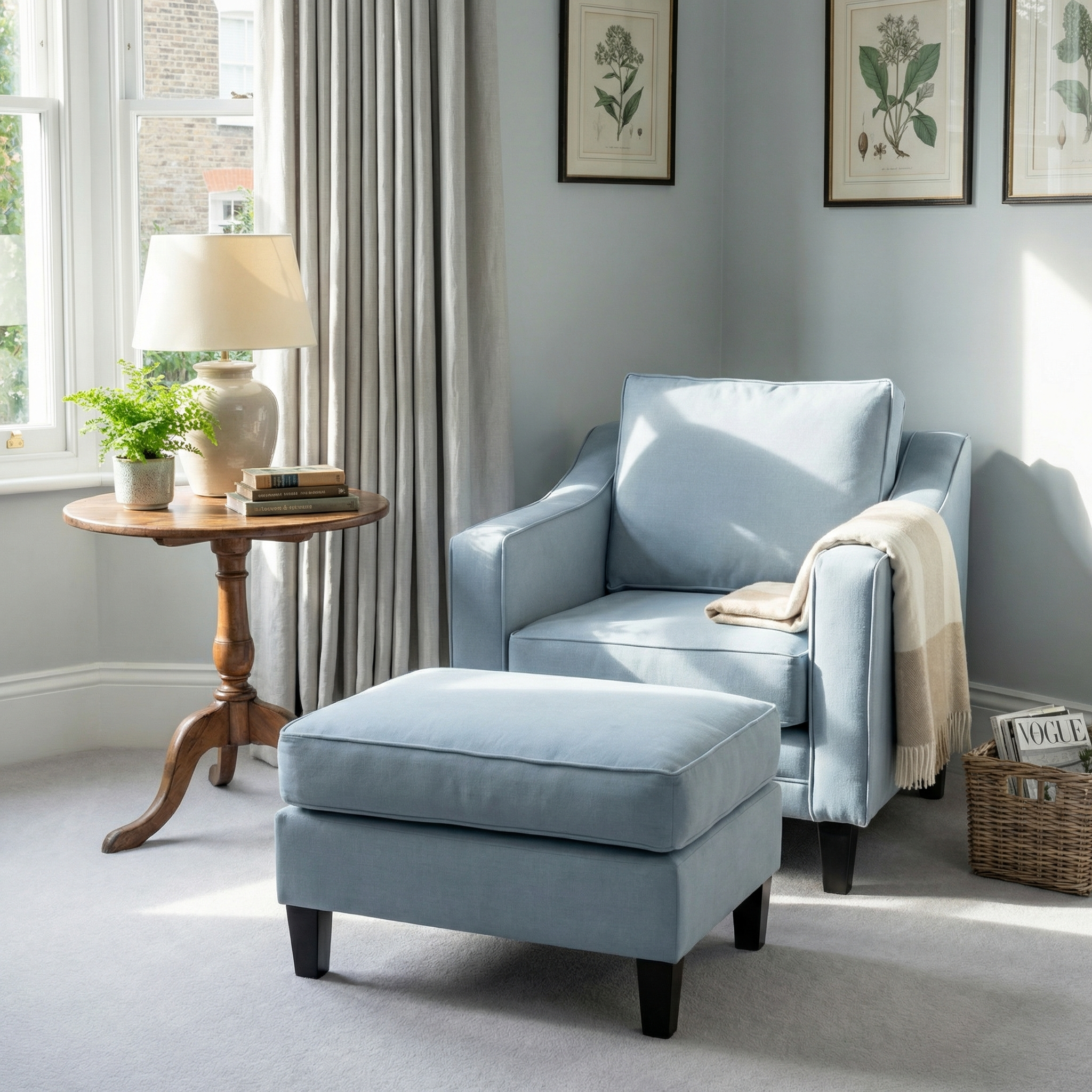 Sky blue armchair with the Wiltshire Footstool in Sky Blue by a window, next to a round wooden table and framed wall art.