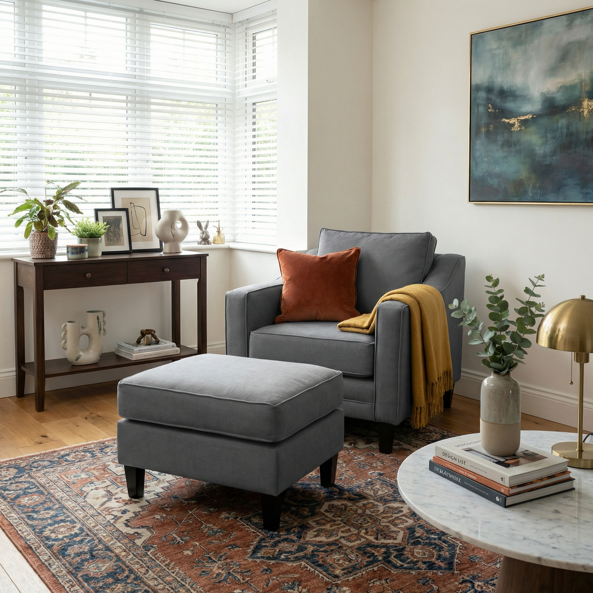 A cozy living room with a gray armchair, Wiltshire Footstool in Smoke Grey, ottoman, orange pillow, plants, and a window with blinds.