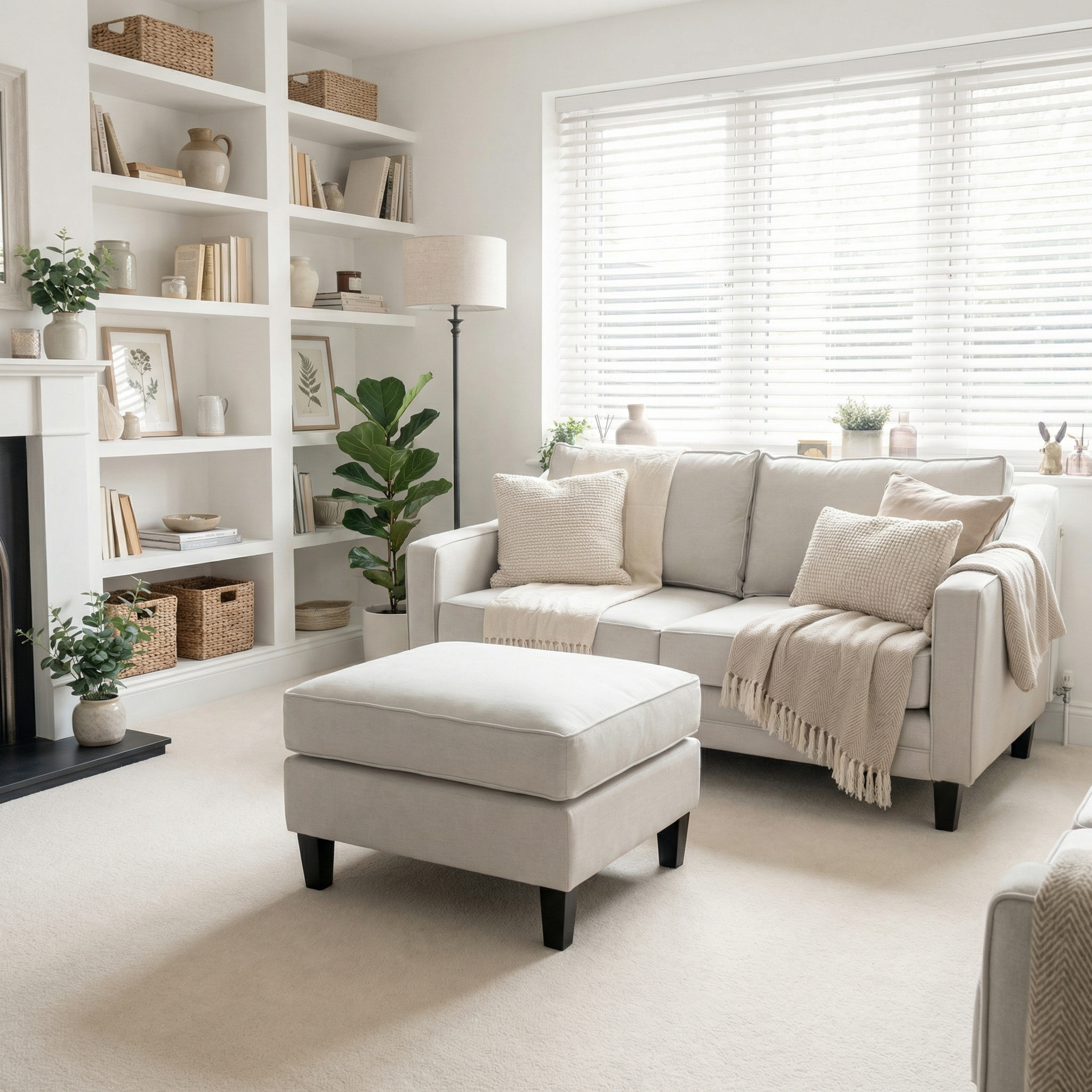 Bright living room with a beige sofa, Wiltshire Footstool in Warm Grey, bookshelf, houseplants, and soft natural light streaming through a large window.