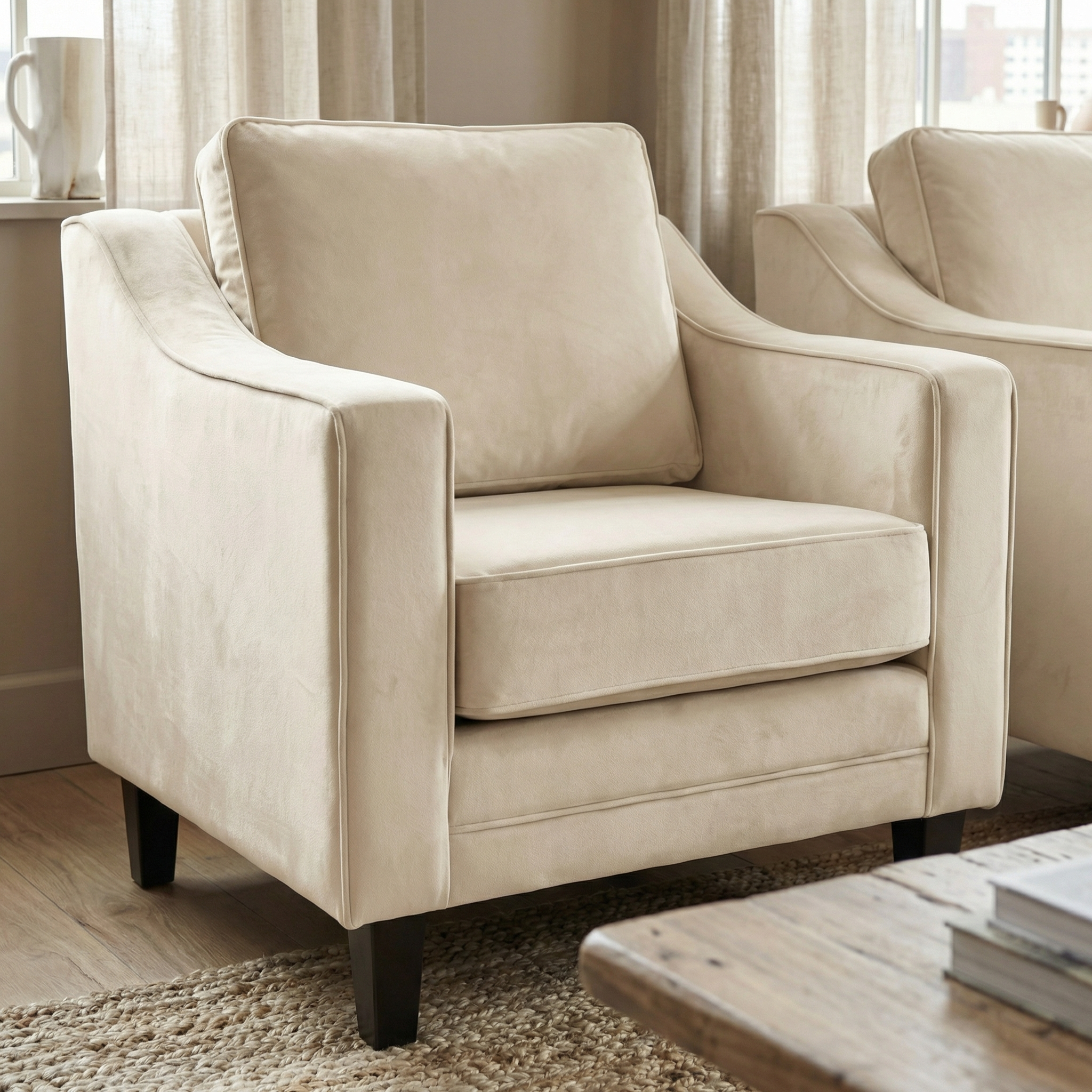 The Wiltshire Velvet Armchair in Cream, handmade in England, features plush cushions and is shown on a wooden floor near a curtained window.