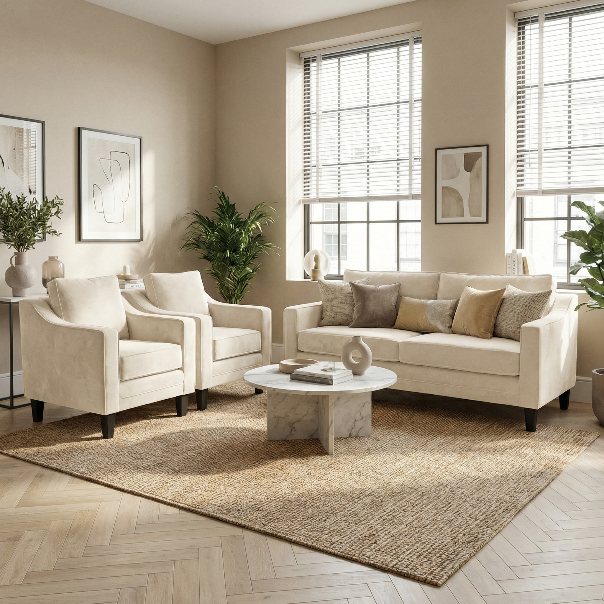 Modern living room with neutral decor, light sofas, a Wiltshire Velvet Armchair in Cream handmade in England, lush plants, wall art, and a round coffee table crafted from sustainable wood.