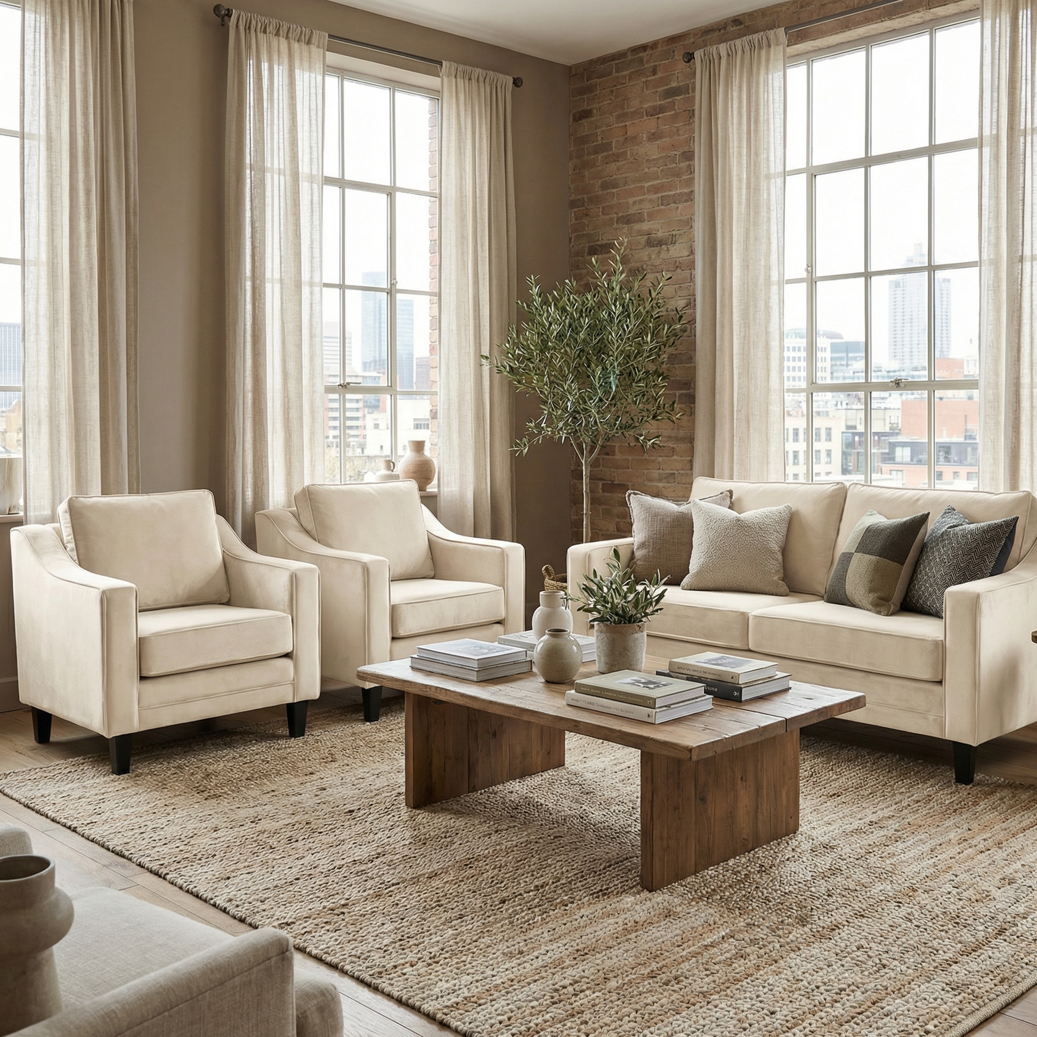 Modern living room with cream furniture, the Wiltshire Velvet Armchair in Cream, large windows, sheer curtains, a rug, and a wooden coffee table crafted from sustainable wood.