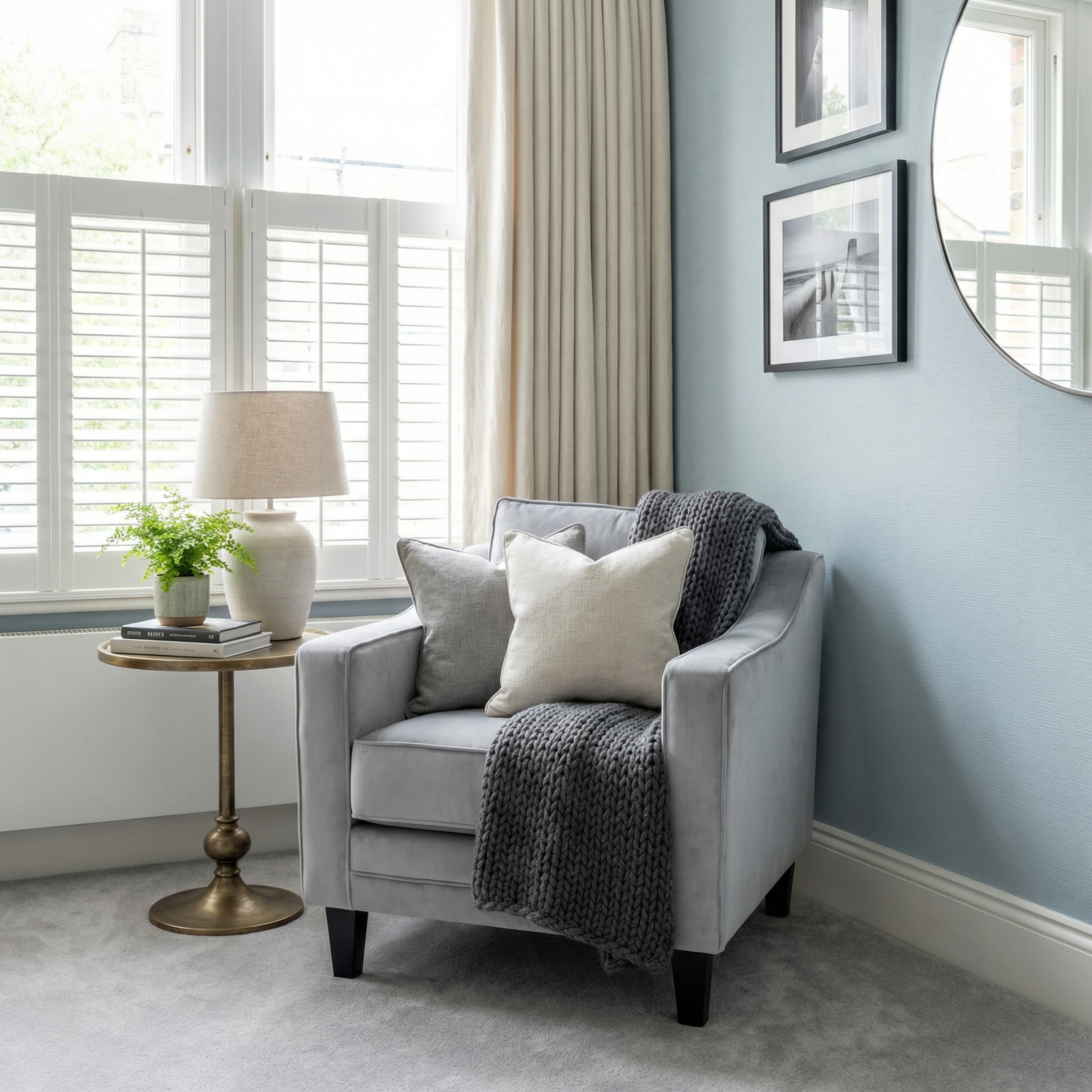 The Wiltshire Velvet Armchair in Feather Grey, adorned with pillows and a blanket, is placed next to a round side table holding a lamp and a potted plant.