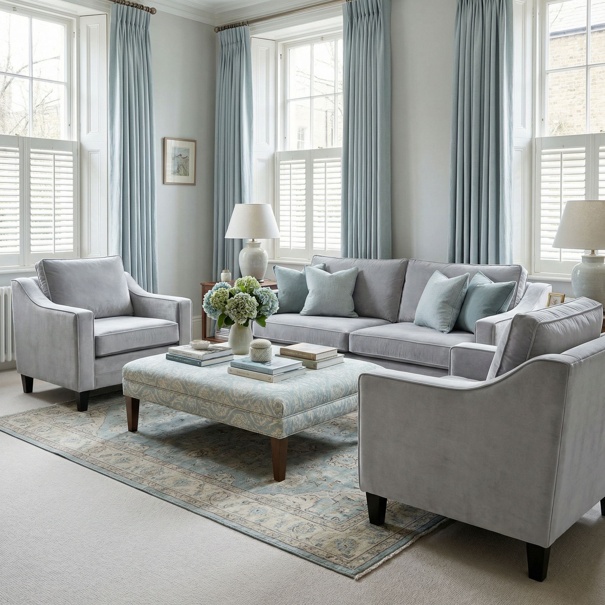 Elegant living room with light grey sofas, blue curtains, a patterned ottoman, large windows, and the Wiltshire Velvet Armchair in Feather Grey for added sophistication.