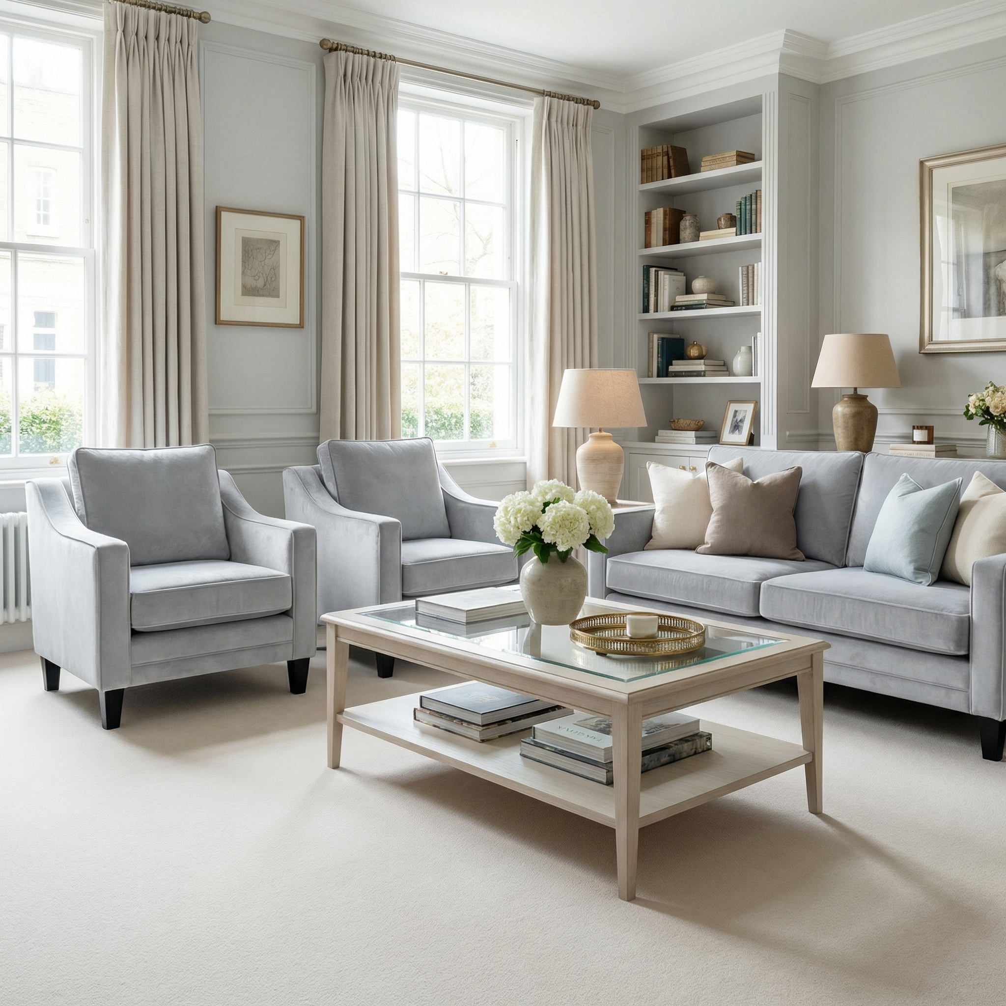 A bright, elegant living room with gray sofas, a Wiltshire Velvet Armchair in Feather Grey, and a glass coffee table adorned with books and flowers.