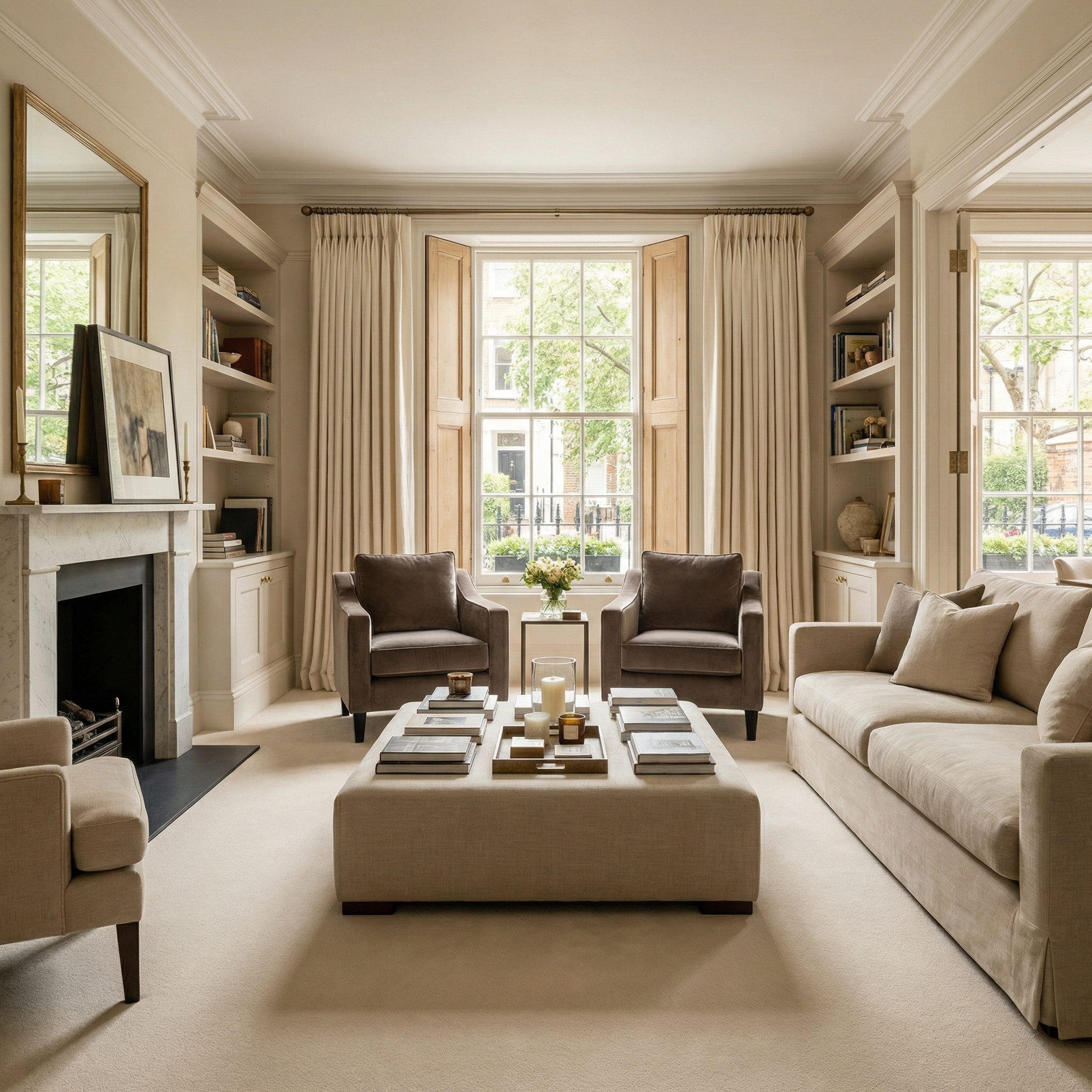 Bright, elegant living room with neutral furnishings and large windows, featuring the Wiltshire Velvet Armchair in Mink—a handcrafted piece from England that adds timeless style.
