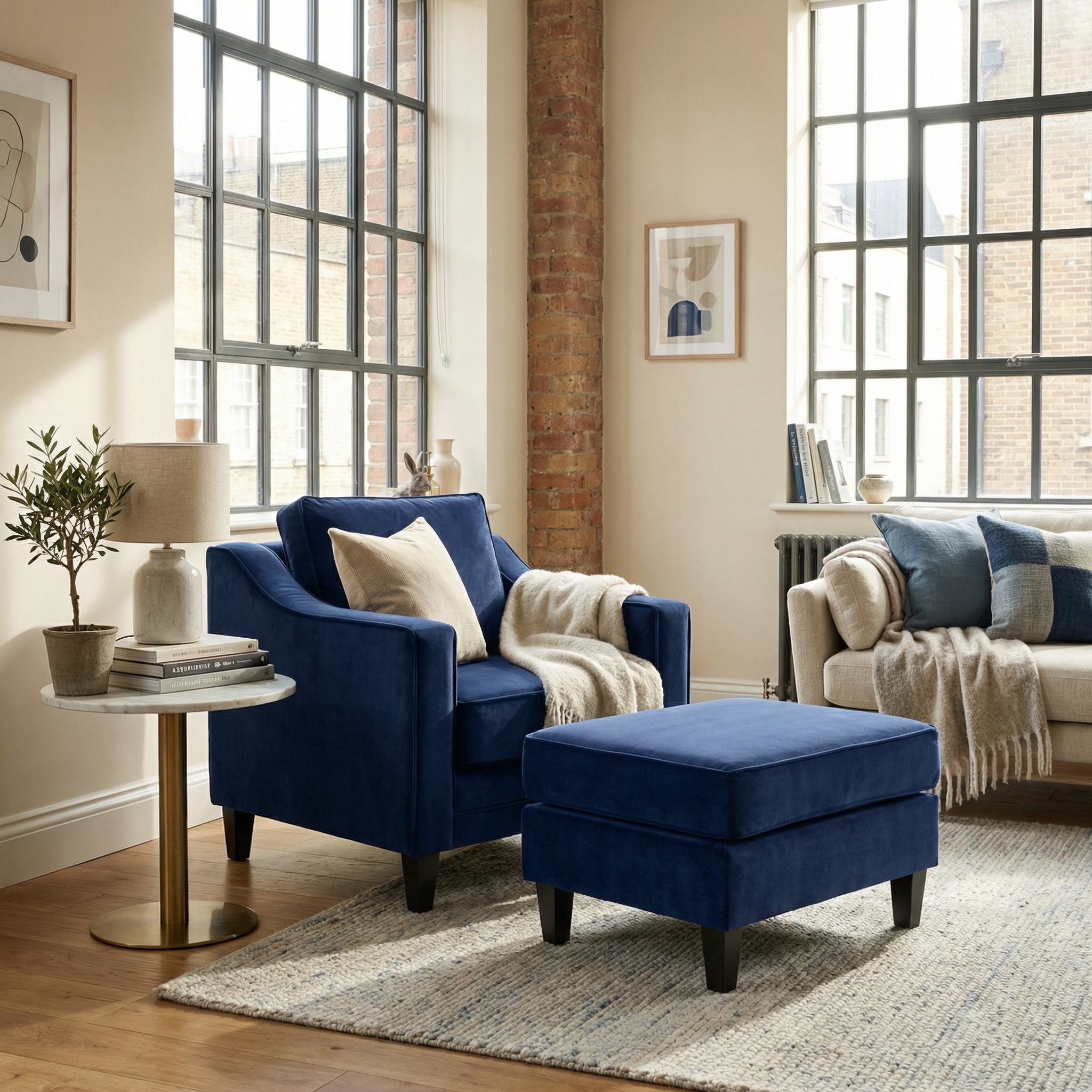 Bright living room featuring the Wiltshire Velvet Armchair in Royal Blue, a matching ottoman, beige sofa, and large windows filled with natural light.