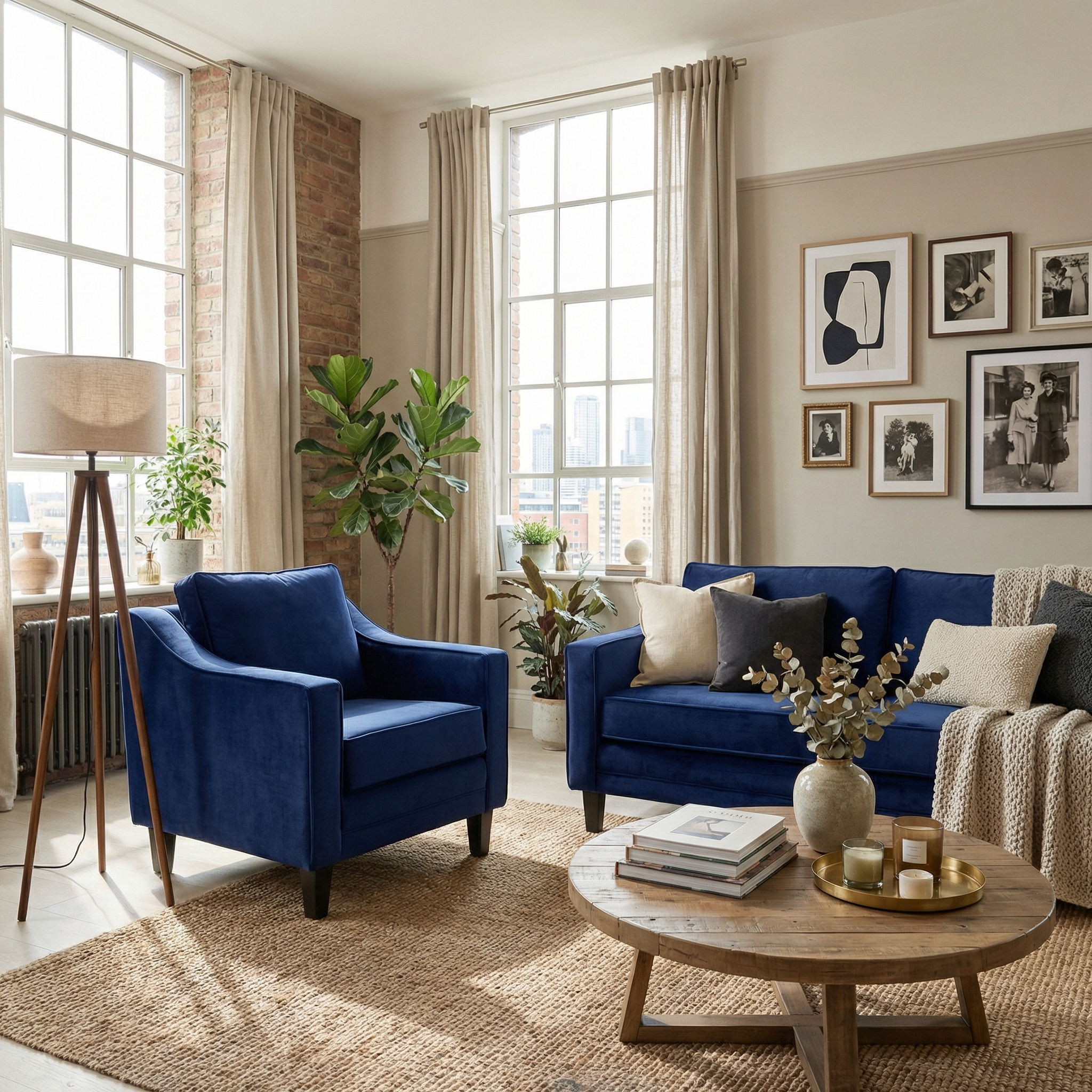Bright living room featuring the Wiltshire Velvet Armchair in Royal Blue, a wooden coffee table, lush plants, and framed art on the walls.