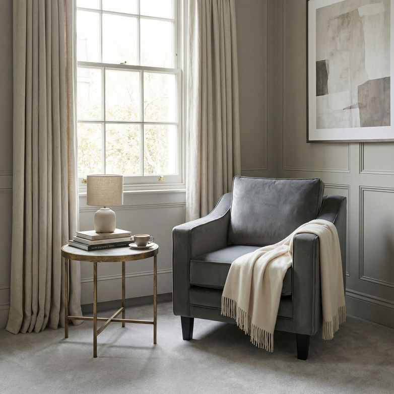 Wiltshire Velvet Armchair in Steel Grey with a cream throw beside a round side table and lamp, set by a window with beige curtains in a cozy room.