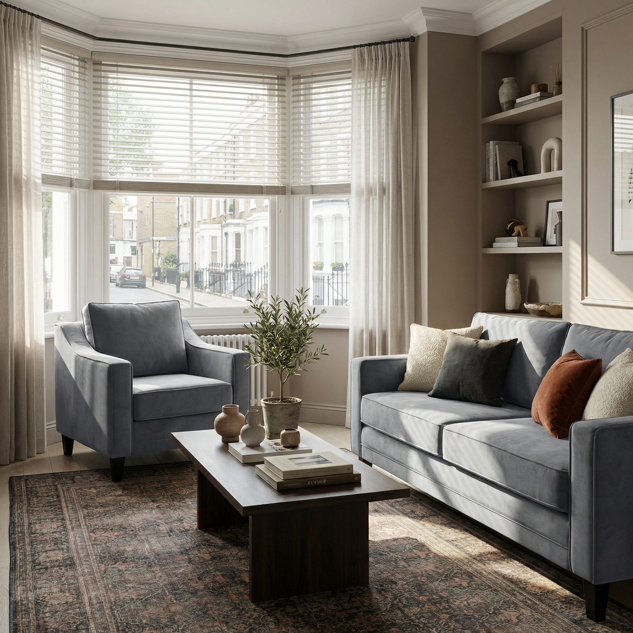 Bright living room with a grey sofa, coffee table, and a Wiltshire Velvet Armchair in Steel Grey by the large bay window with sheer curtains.