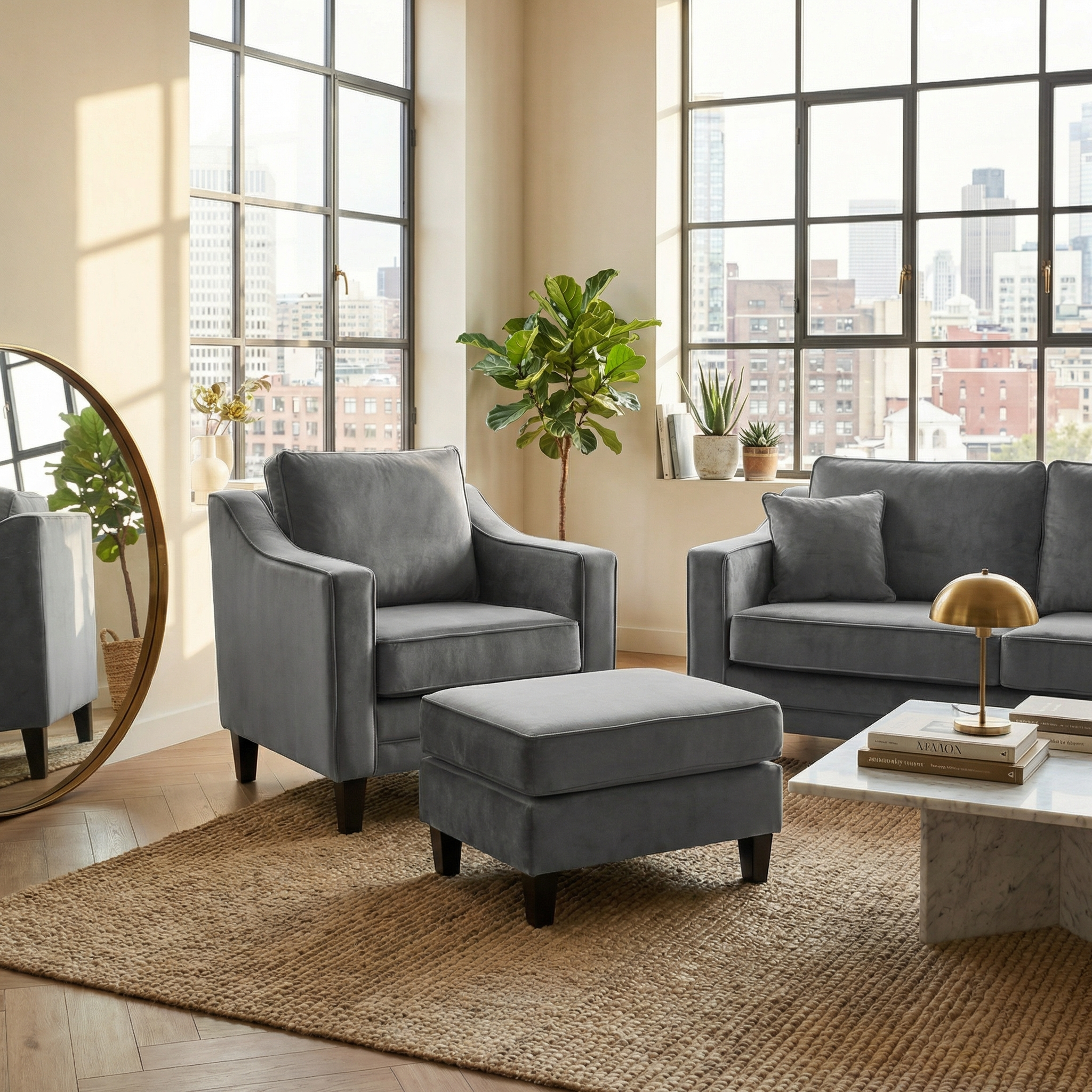 Modern living room with a Wiltshire Velvet Armchair in Steel Grey, ottoman, sofa, large windows, greenery, and a stunning city view.