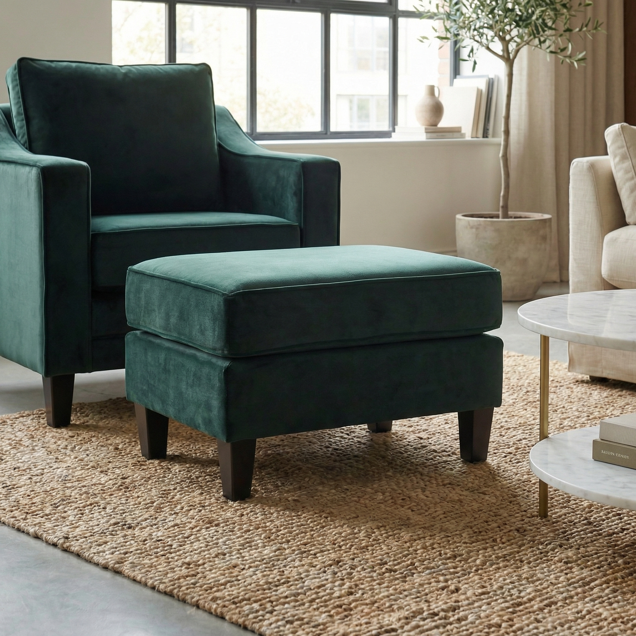 Bottle green armchair paired with a Wiltshire Velvet Footstool in Bottle Green, set on a woven rug in a bright, modern living room.