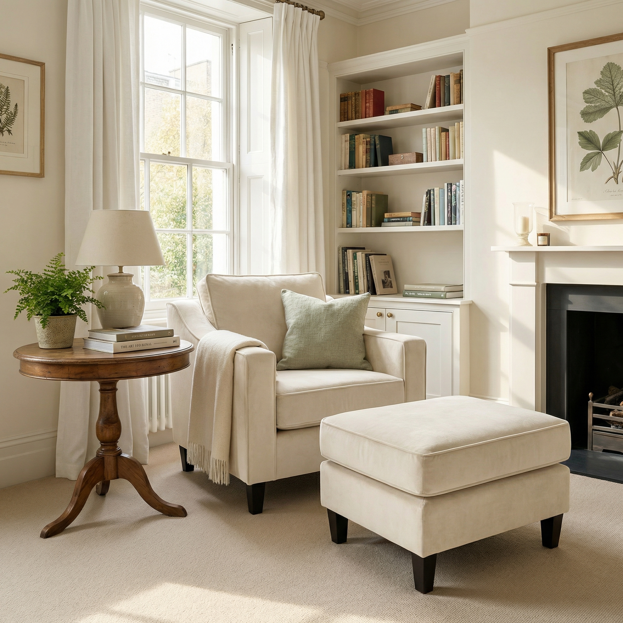Cozy living room with a beige armchair, ottoman, side table, bookshelves, and a sunlit window featuring the Wiltshire Velvet Footstool in Cream for added comfort.