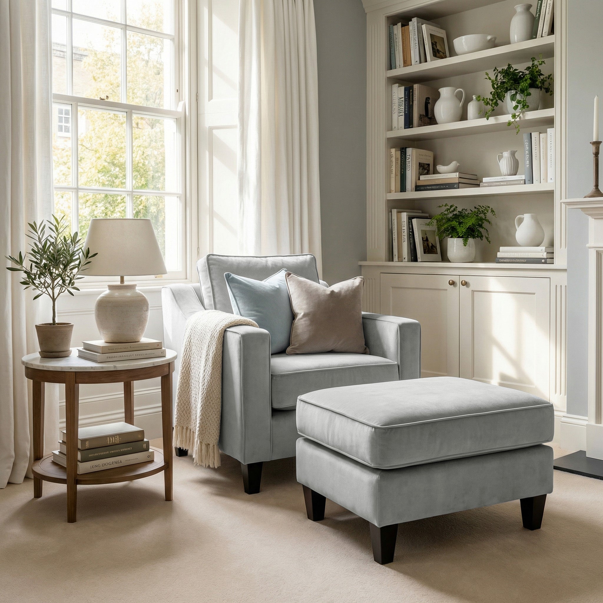A cozy living room with a gray armchair, matching ottoman, Wiltshire Velvet Footstool in Feather Grey, side table, and built-in bookshelf by a window.