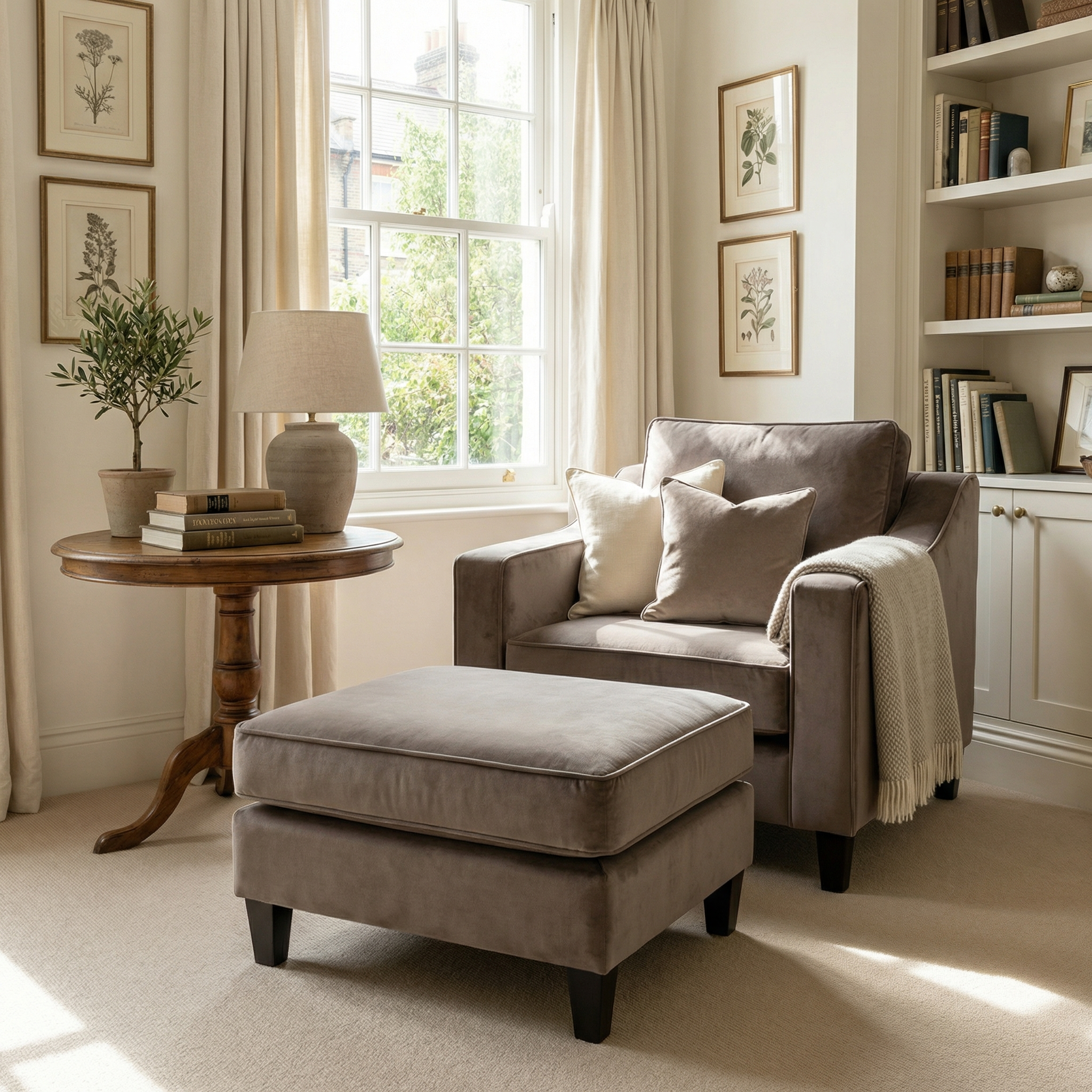 A cozy reading nook with a gray armchair, ottoman, Wiltshire Velvet Footstool in Mink, side table, lamp, and bookshelves by a sunny window.