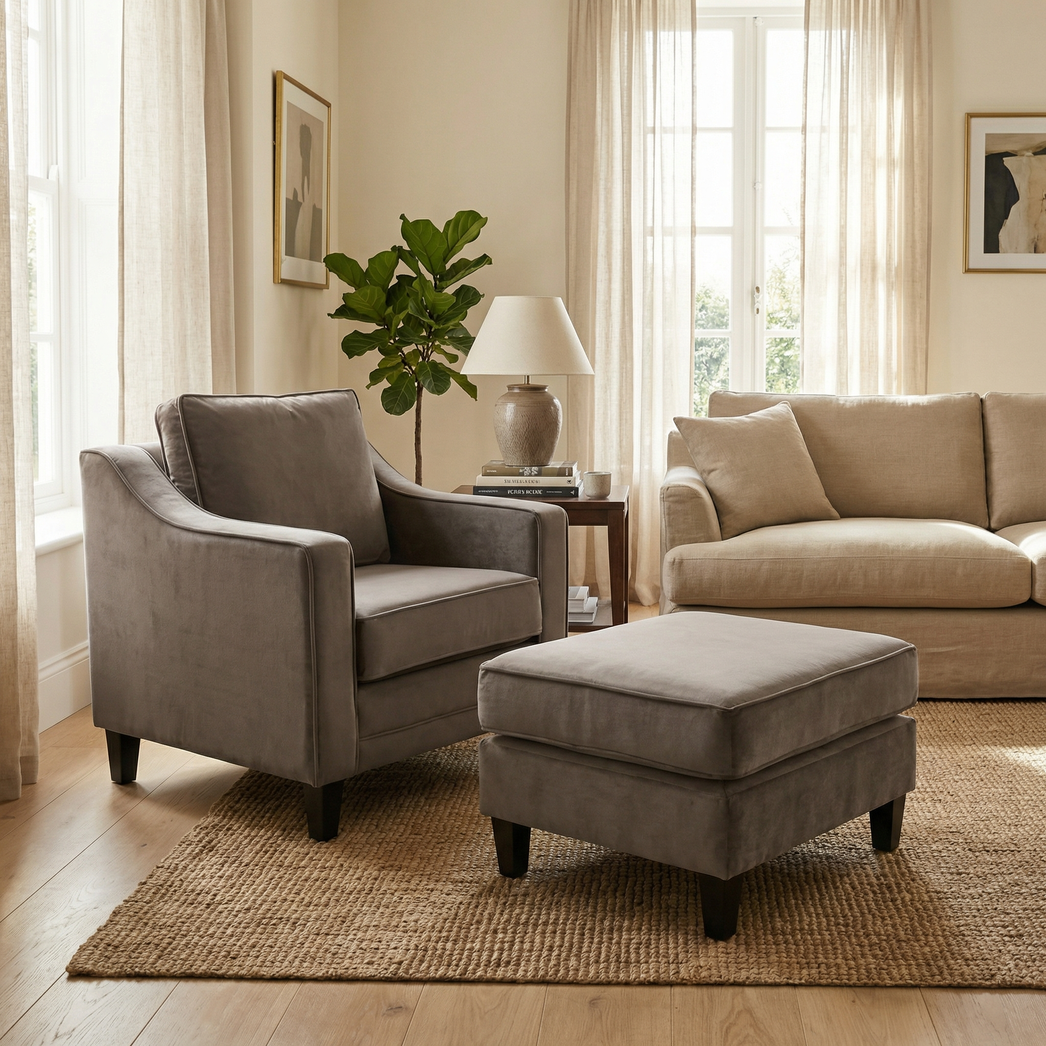 A modern living room with a gray armchair, matching ottoman, beige sofa, and large windows with sheer curtains features the Wiltshire Velvet Footstool in Mink for an added touch of elegance and comfort.