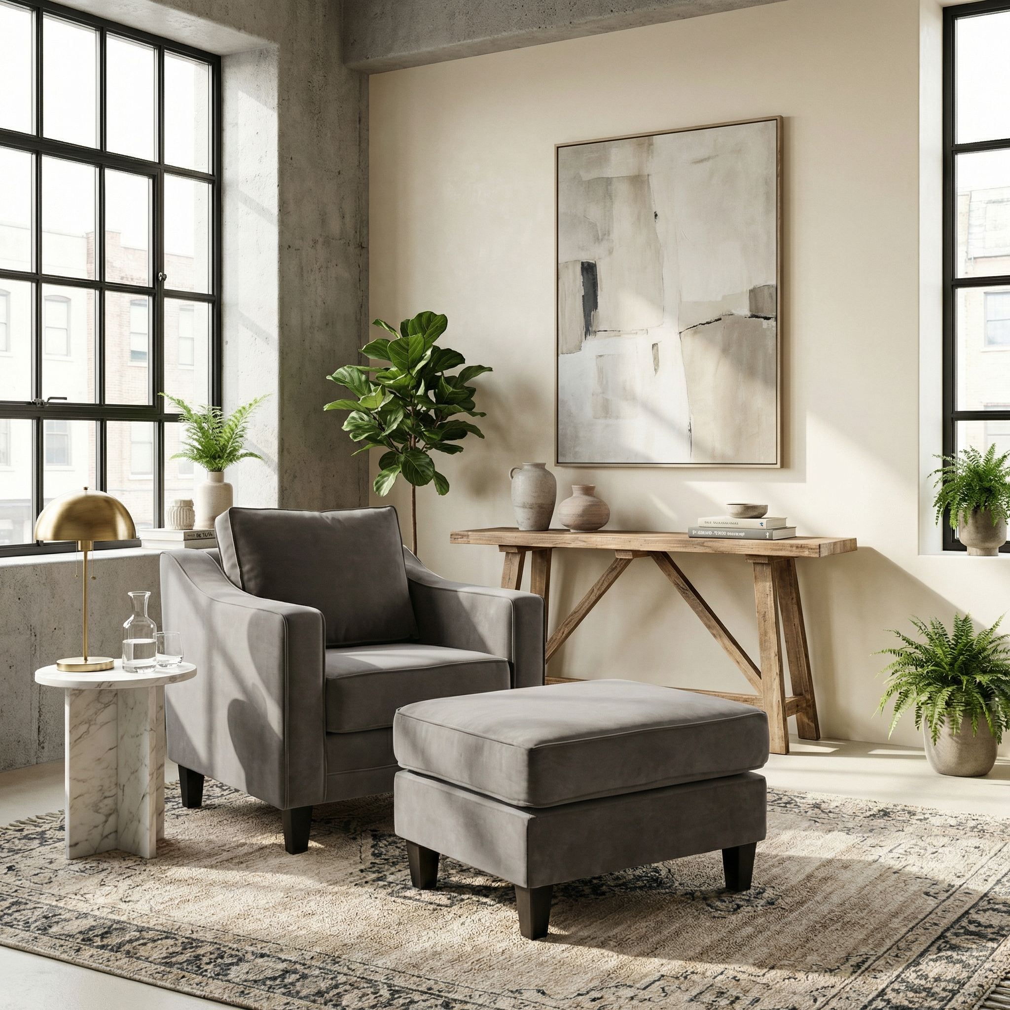 A modern living room with a gray armchair, Wiltshire Velvet Footstool in Steel Grey, plants, abstract art, and large windows.