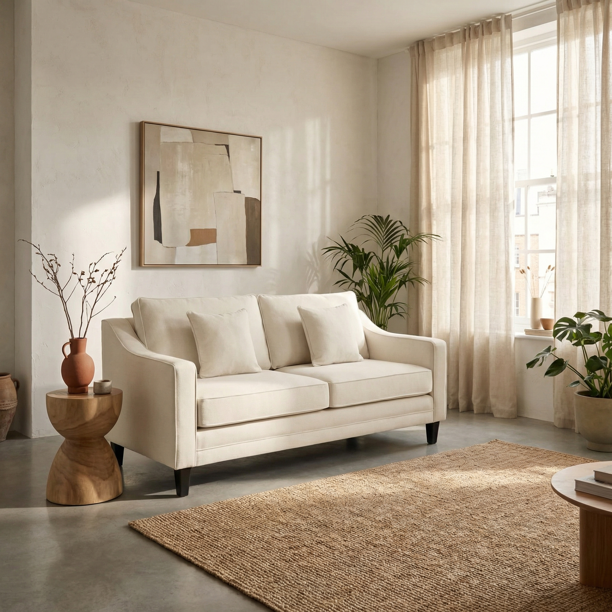 Modern living room featuring a Wiltshire 2 Seat Sofa in Ivory, abstract wall art, indoor plants, and natural light streaming through large windows.