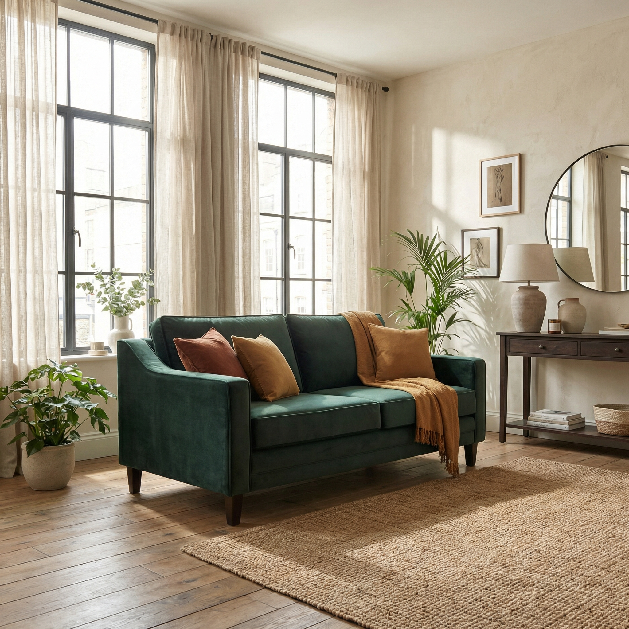 The Wiltshire 2 Seat Velvet Sofa in Bottle Green, handcrafted in England, sits elegantly with colorful pillows in a bright living room with plants, a rug, and large windows—adding striking style to any space.