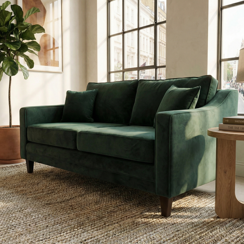 The Wiltshire 2 Seat Velvet Sofa in Bottle Green, handcrafted in England with plush cushions, sits near large windows and a potted plant in a sunlit room.