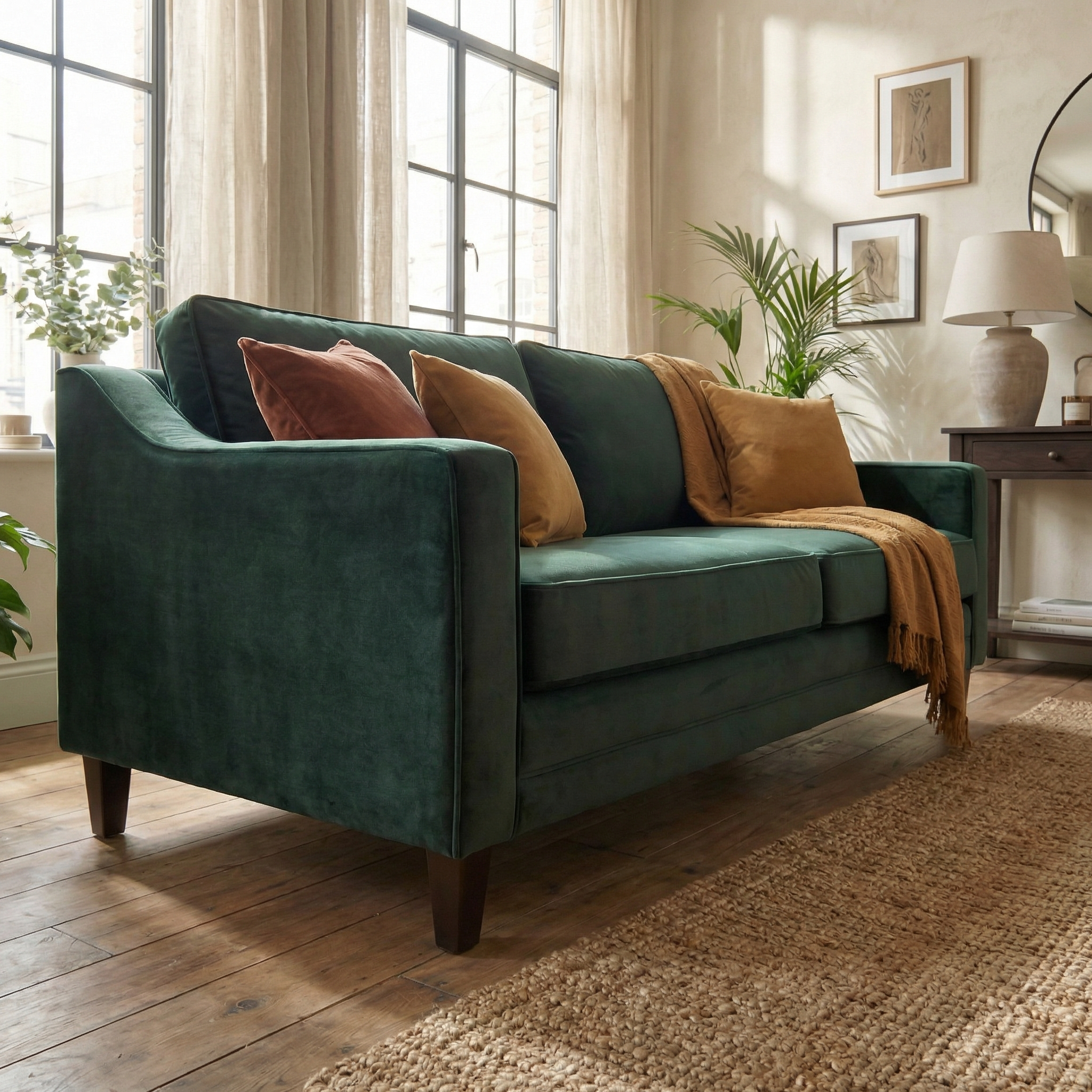 The Wiltshire 2 Seat Velvet Sofa in Bottle Green, accented with brown and gold cushions, sits in a bright, cozy living room filled with plants and decor, handcrafted in England.