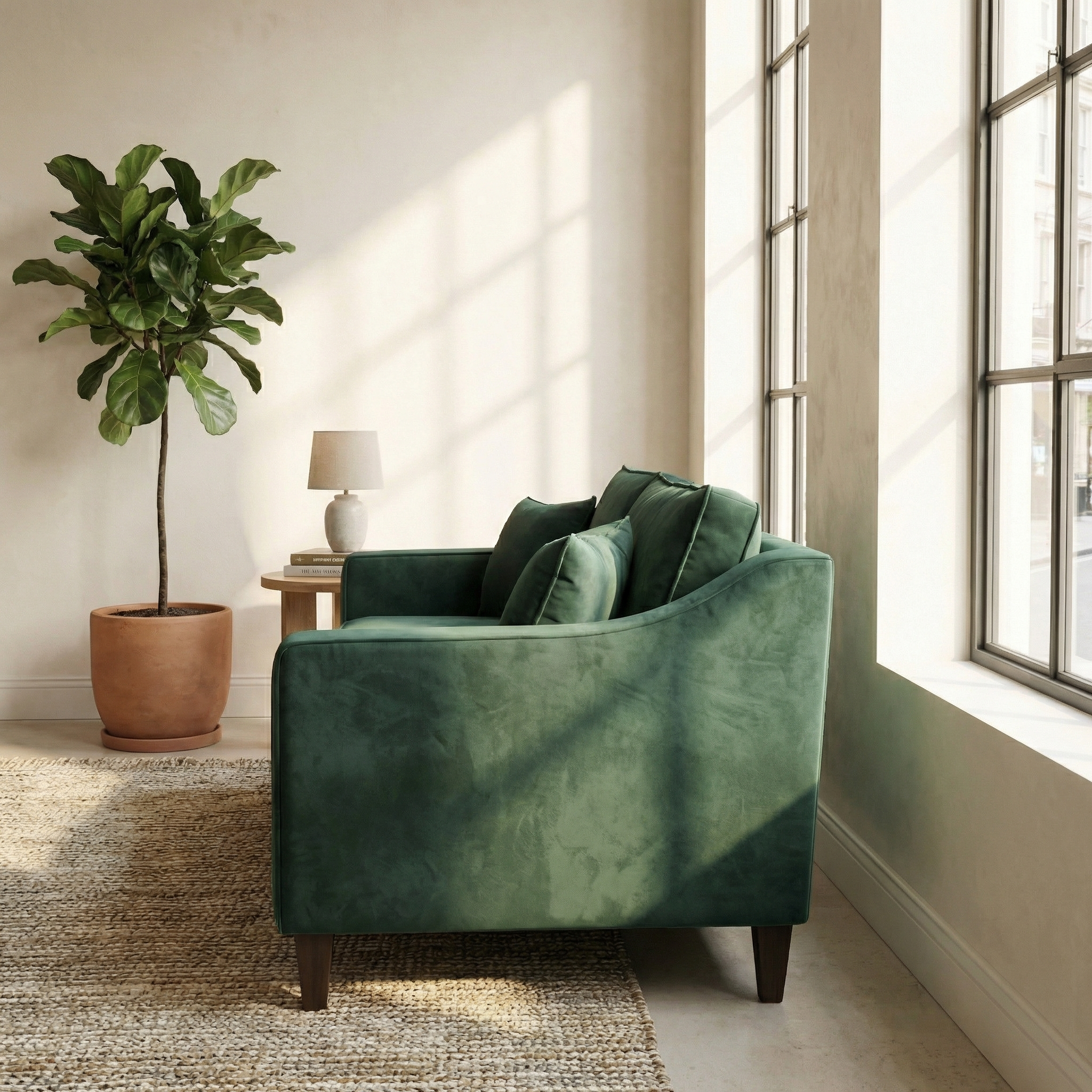 The Wiltshire 2 Seat Velvet Sofa in Bottle Green, handcrafted in England, is placed by large windows with a potted plant, small lamp, and woven rug in a bright living room.